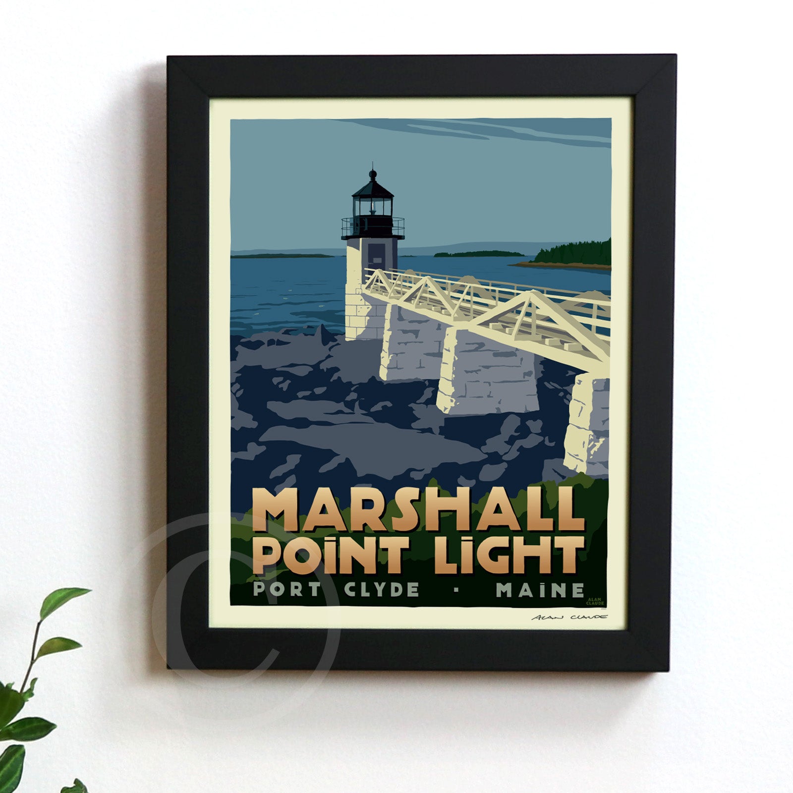 Marshall Point Light Art Print (Thin Border) 8" x 10" Framed Travel Poster By Alan Claude - Maine