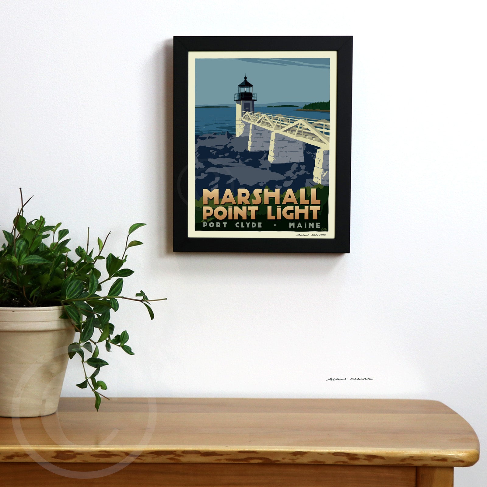 Marshall Point Light Art Print (Thin Border) 8" x 10" Framed Travel Poster By Alan Claude - Maine