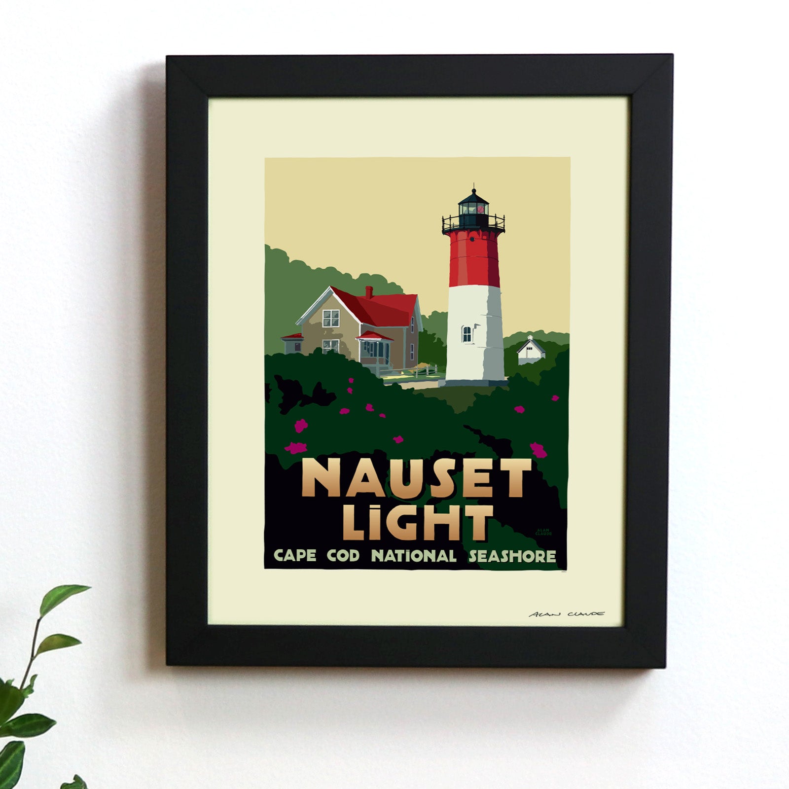 Nauset Light Art Print 8" x 10" Framed Travel Poster (Thick Border) By Alan Claude - Massachusetts