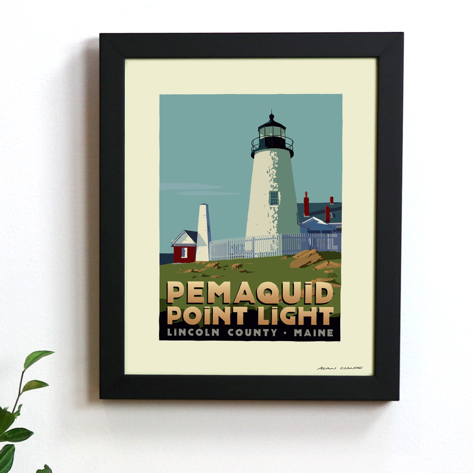 Pemaquid Point Light Art Print 8" x 10" Framed Travel Poster (Thick Border) By Alan Claude - Maine