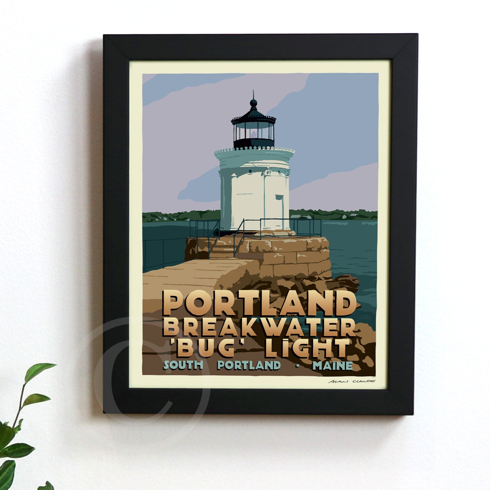 Portland Breakwater Bug Light Art Print (Thin Border) 8" x 10" Framed Travel Poster By Alan Claude - Maine