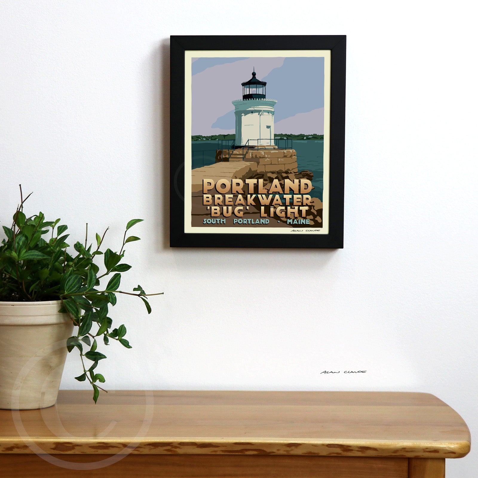 Portland Breakwater Bug Light Art Print (Thin Border) 8" x 10" Framed Travel Poster By Alan Claude - Maine