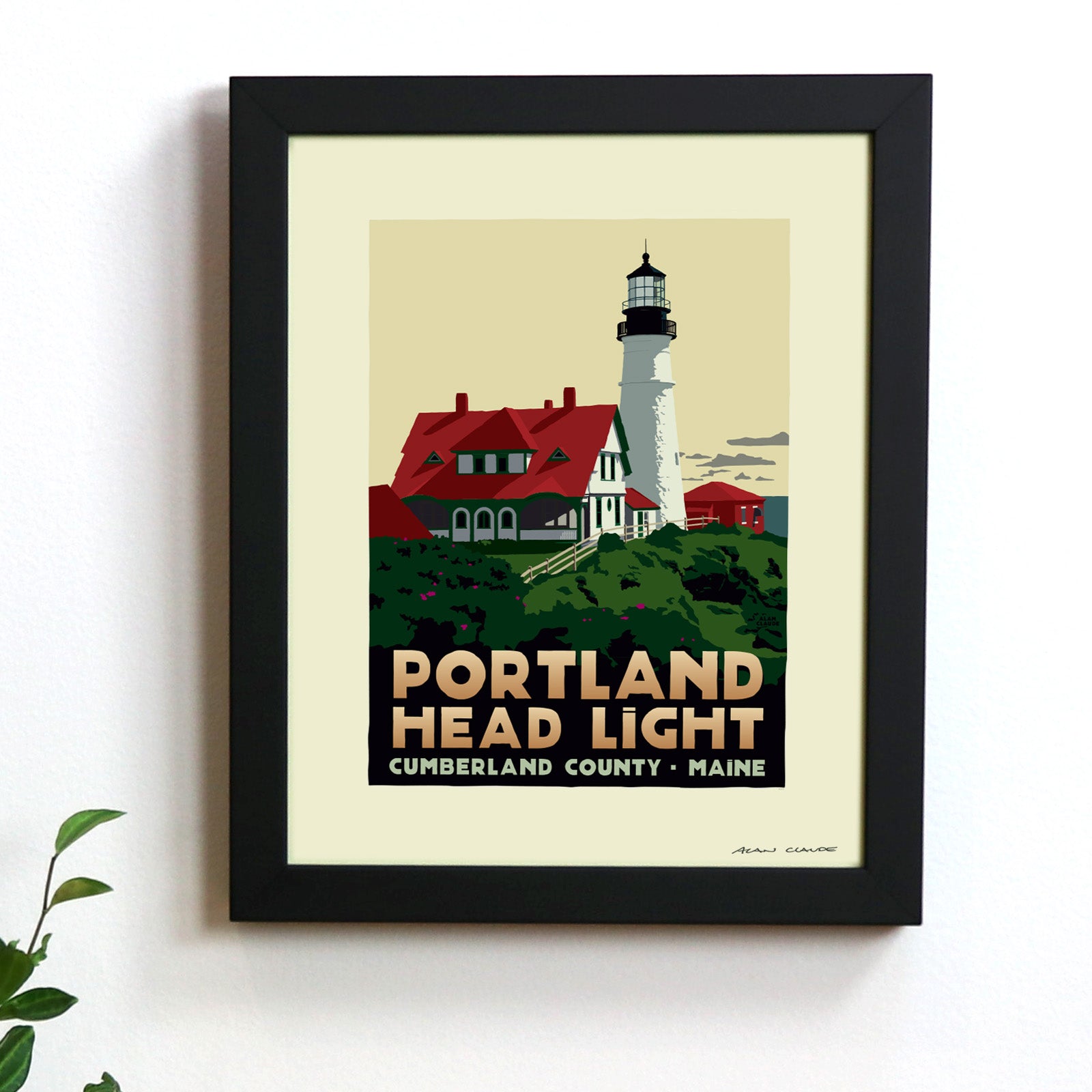Portland Head Light Art Print 8" x 10" Framed Travel Poster (Thick Border) By Alan Claude - Maine