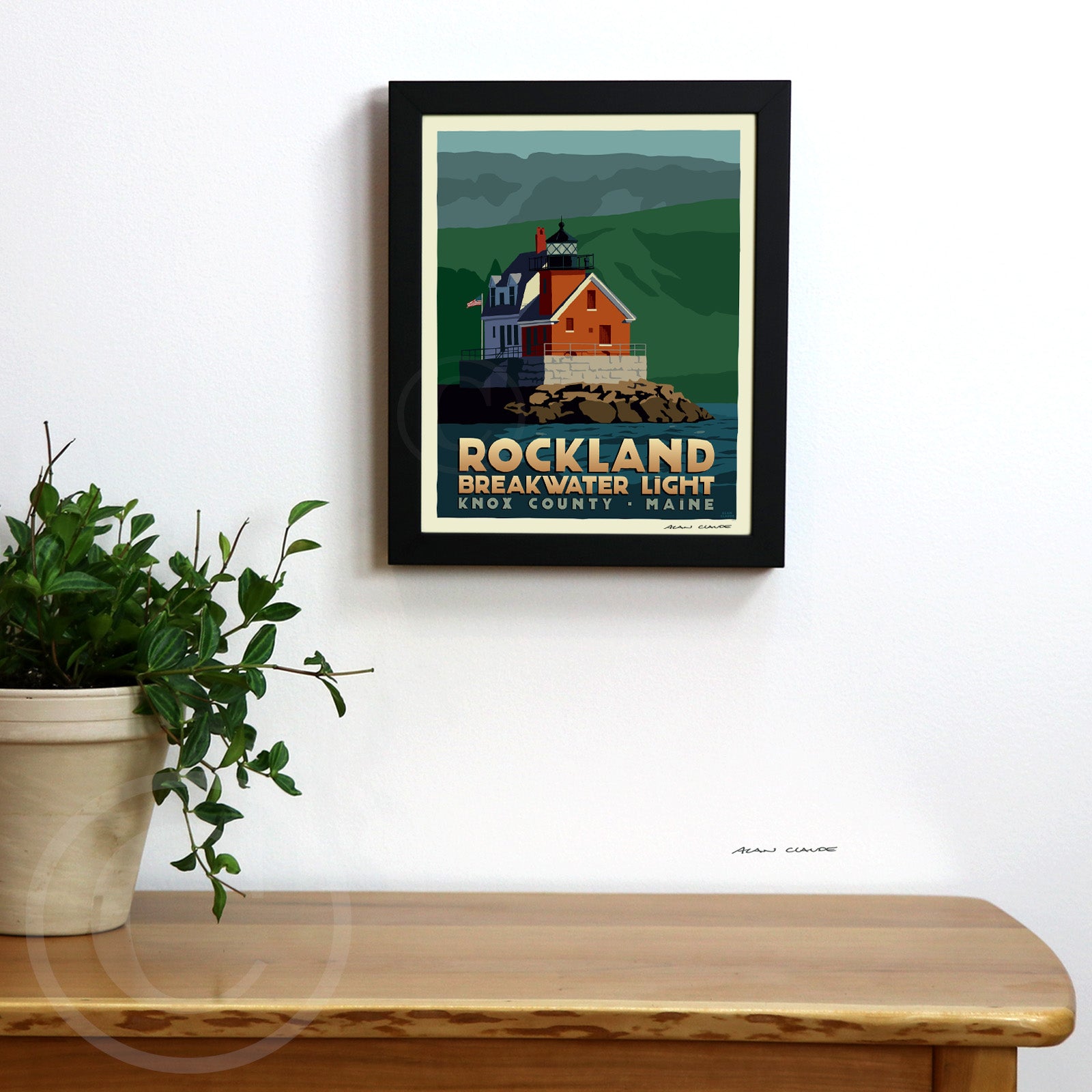 Rockland Breakwater Light Art Print (Thin Border) 8" x 10" Framed Travel Poster By Alan Claude - Maine