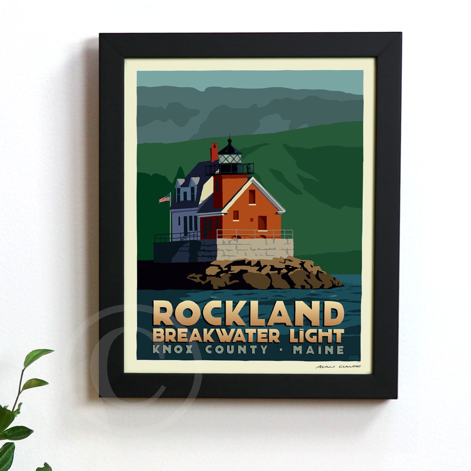 Rockland Breakwater Light Art Print (Thin Border) 8" x 10" Framed Travel Poster By Alan Claude - Maine