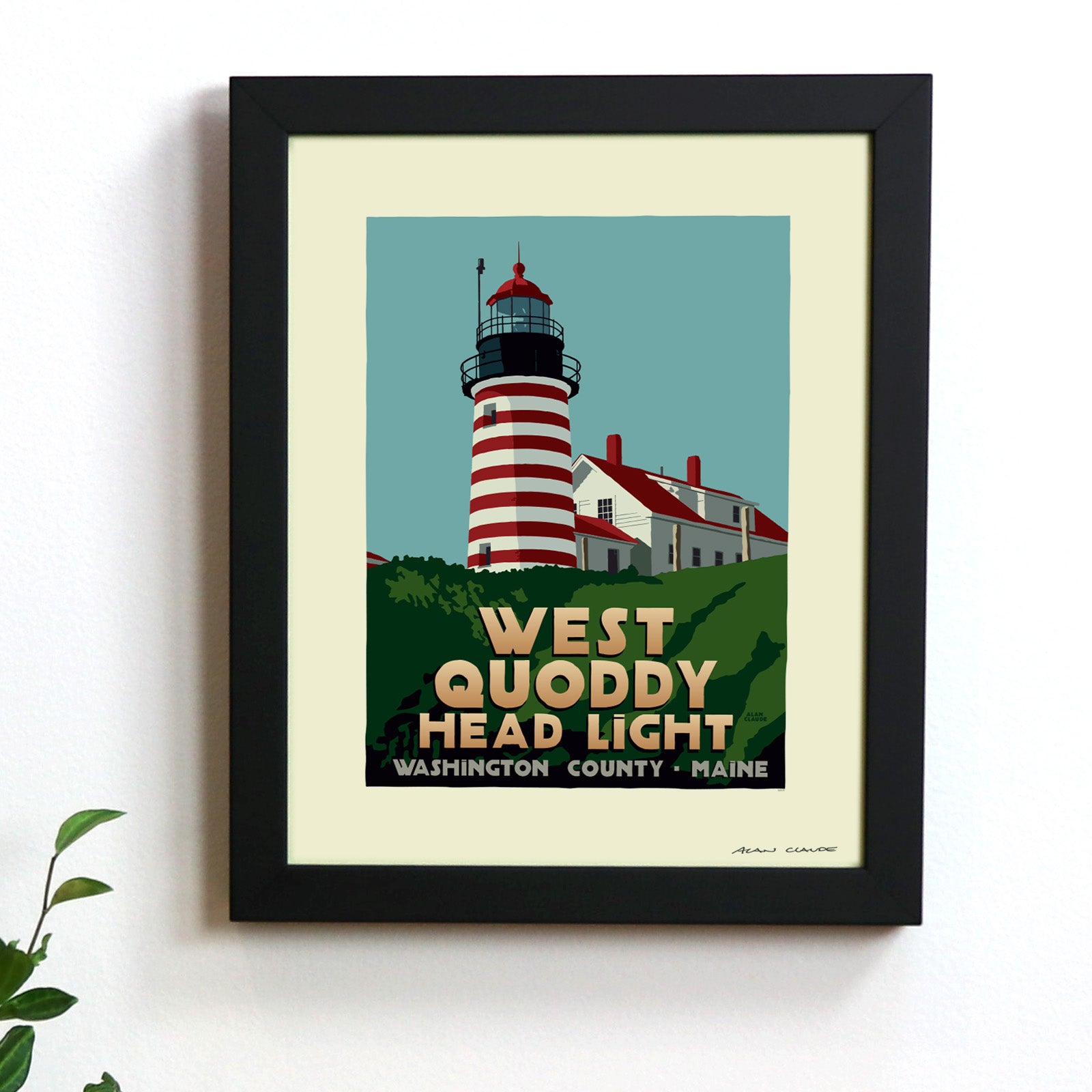 West Quoddy Head Light Art Print 8" x 10" Framed Travel Poster (Thick Border) By Alan Claude - Maine