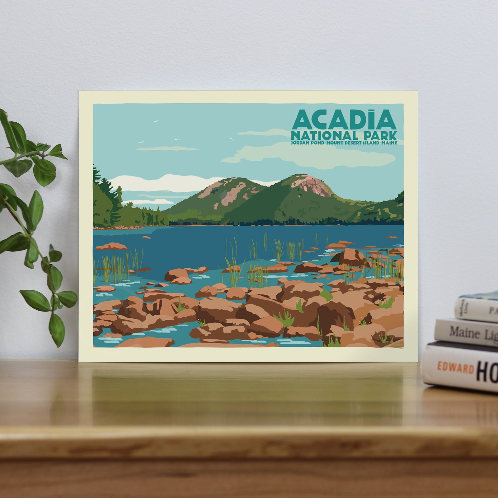 Jordan Pond (with title) Travel Poster 8" x 10" Wall Poster By Alan Claude - Maine