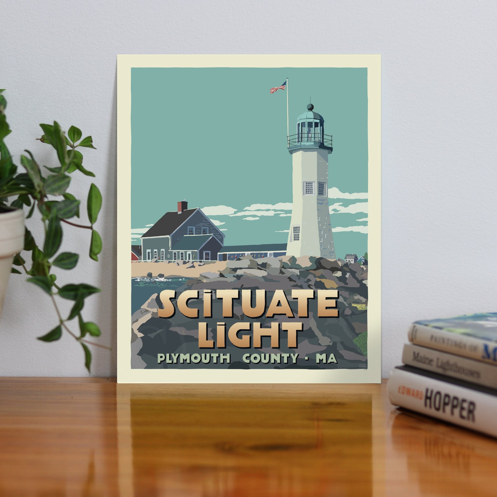 Scituate Light Art Print 8" x 10" Travel Poster By Alan Claude - Massachusetts