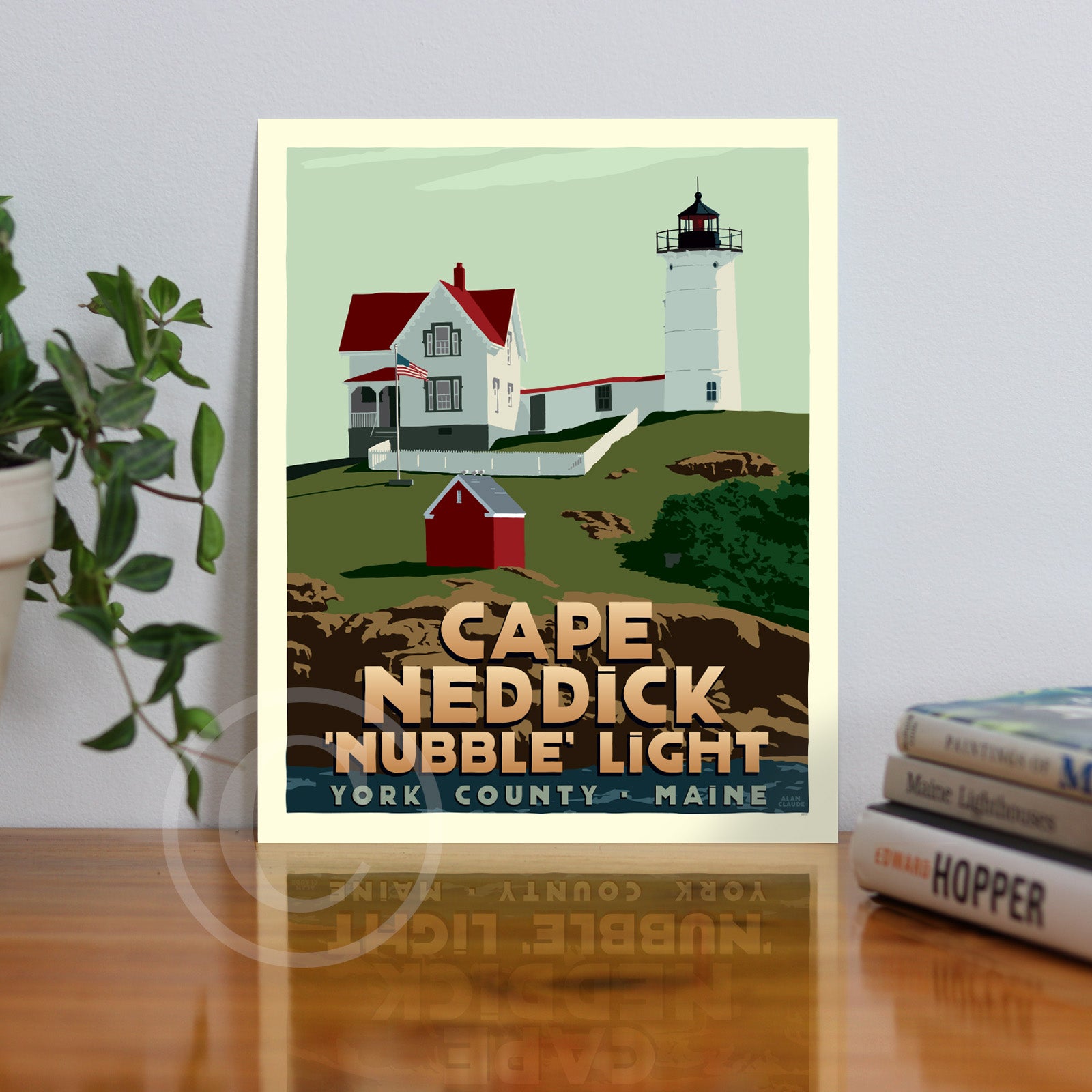 Cape Neddick "Nubble" Light Art Print (Thin Border) 8" x 10" Travel Poster By Alan Claude - Maine