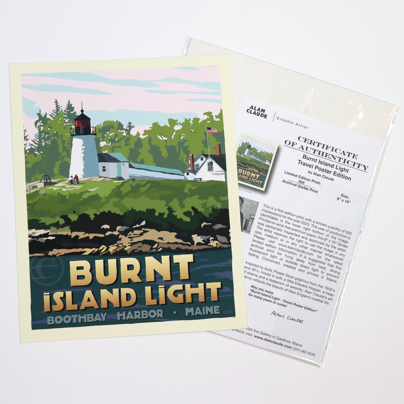 Burnt Island Light Art Print 8" x 10" Travel Poster By Alan Claude - Maine
