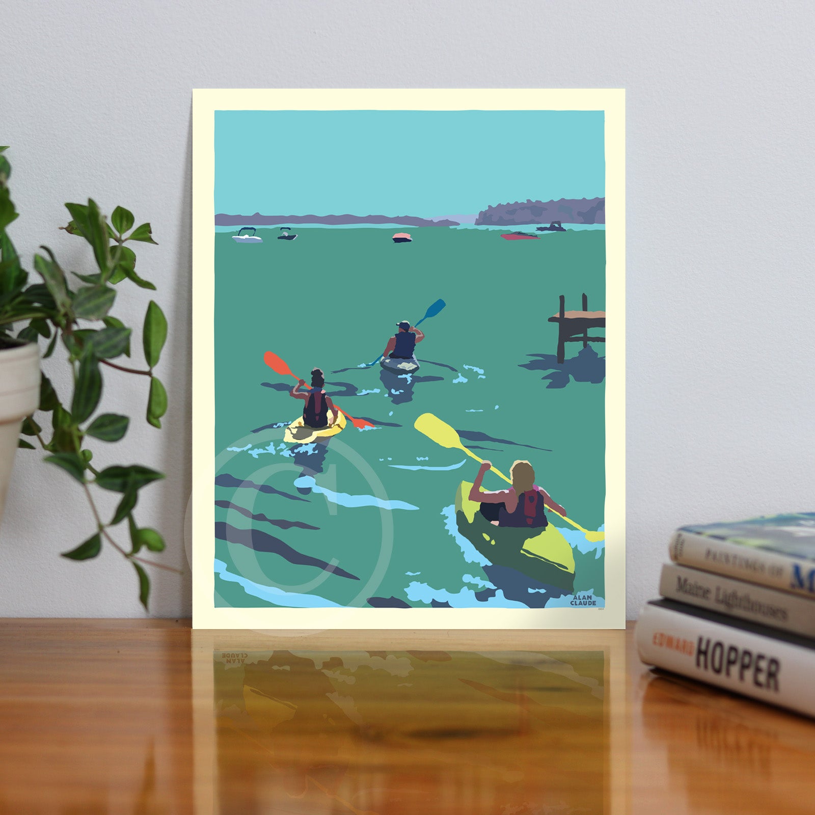 Kayakers Going East Art Print 8" x 10" Travel Poster By Alan Claude - Maine by Alan Claude