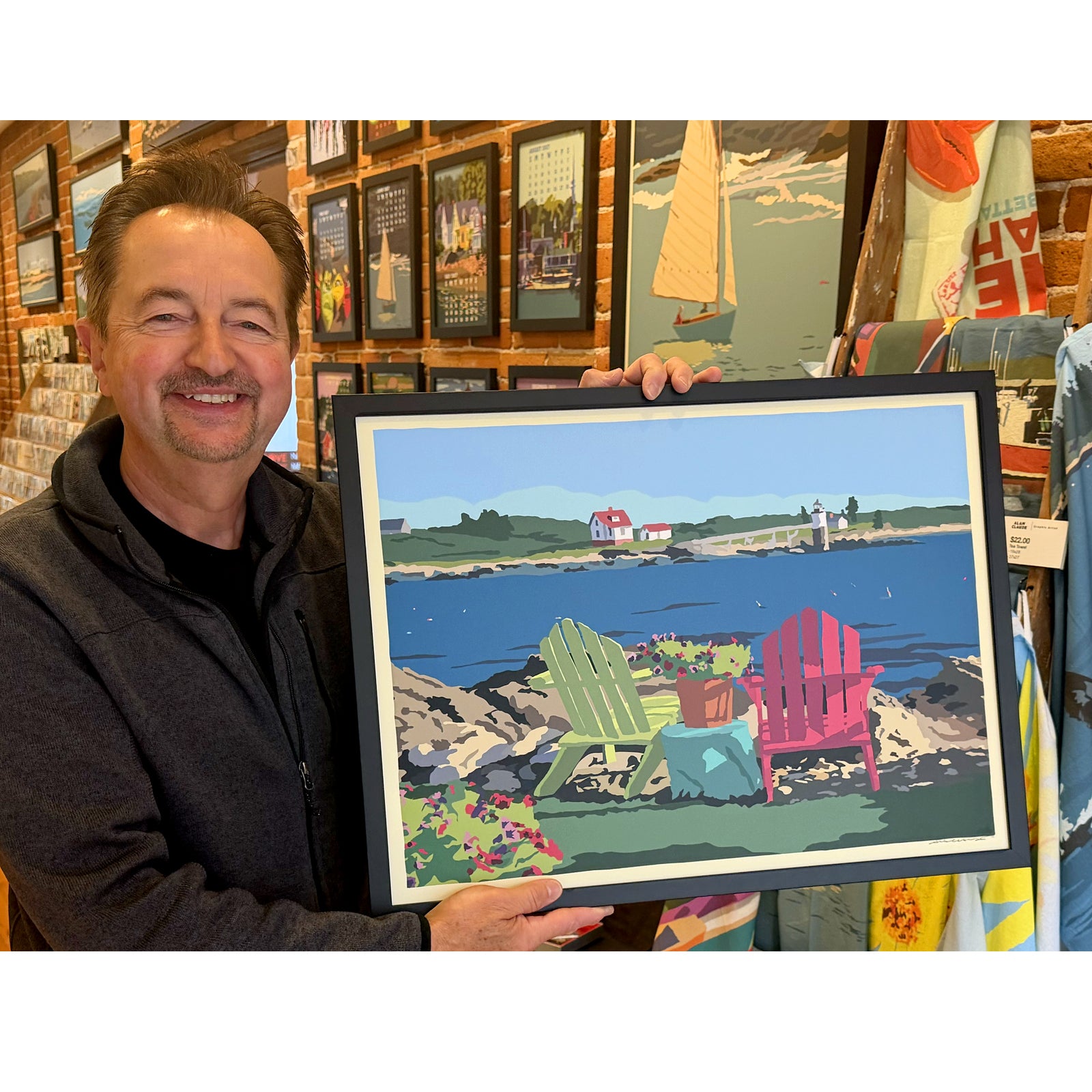 Chairs Overlooking Ram Island Art Horizontal Print 18" x 24" Framed Wall Poster By Alan Claude - Maine