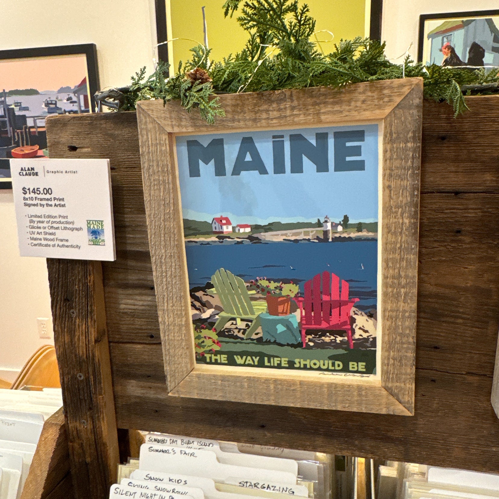 MAINE WOOD FRAME 8" x 10" Framed Chairs Overlooking Ram Island Light Travel Poster