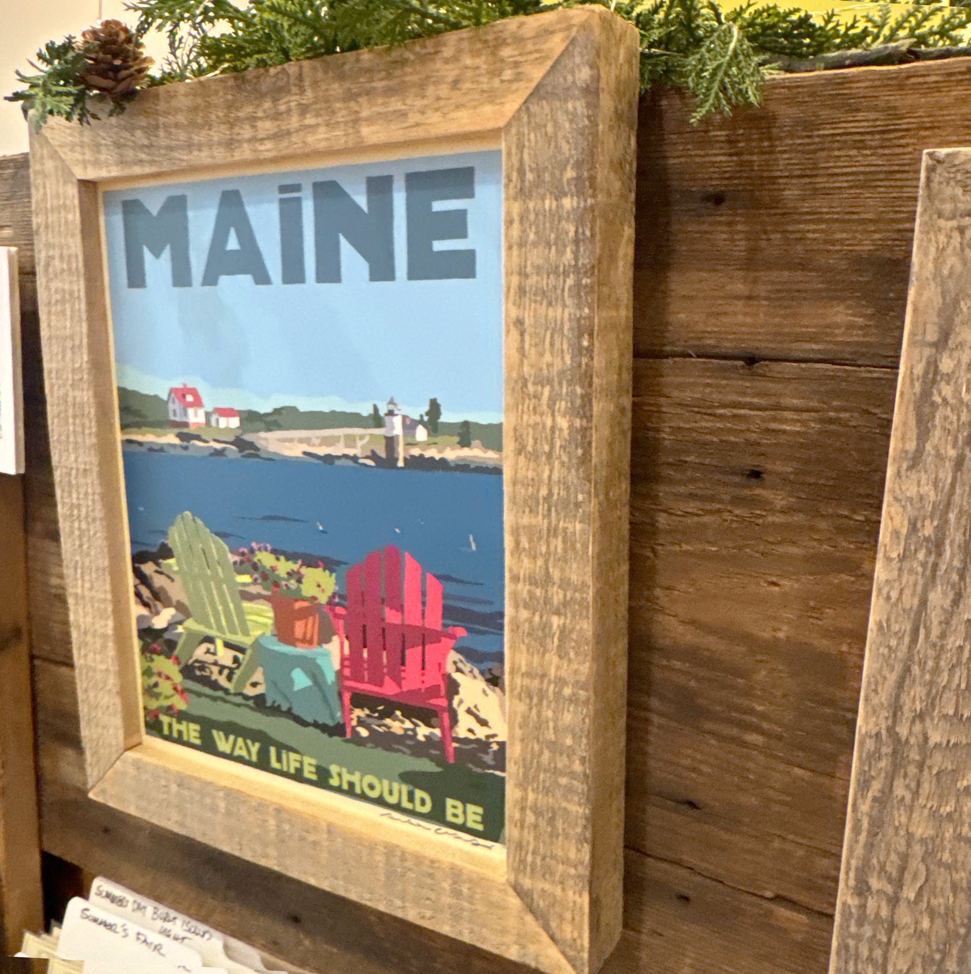 MAINE WOOD FRAME 8" x 10" Framed Chairs Overlooking Ram Island Light Travel Poster