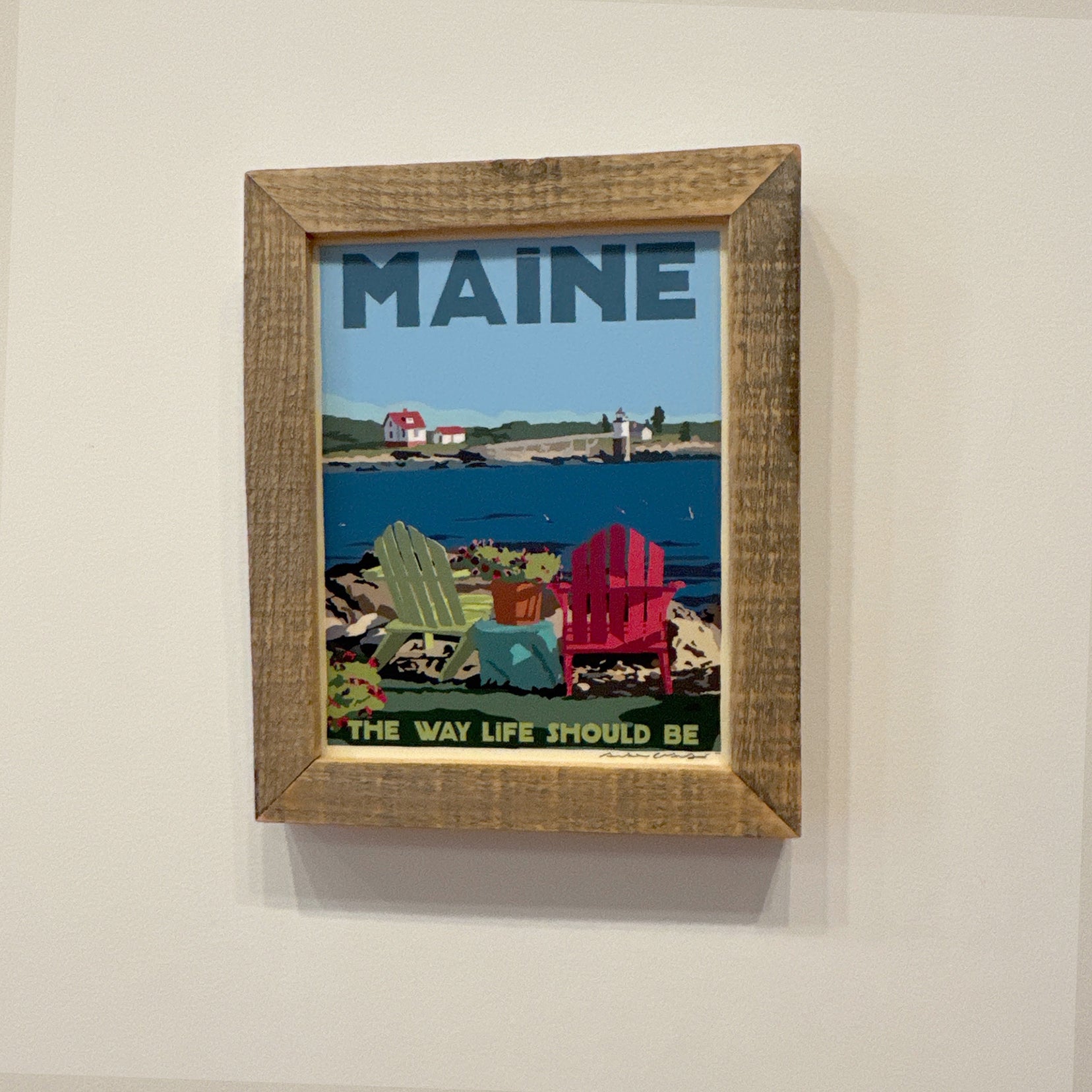 MAINE WOOD FRAME 8" x 10" Framed Chairs Overlooking Ram Island Light Travel Poster