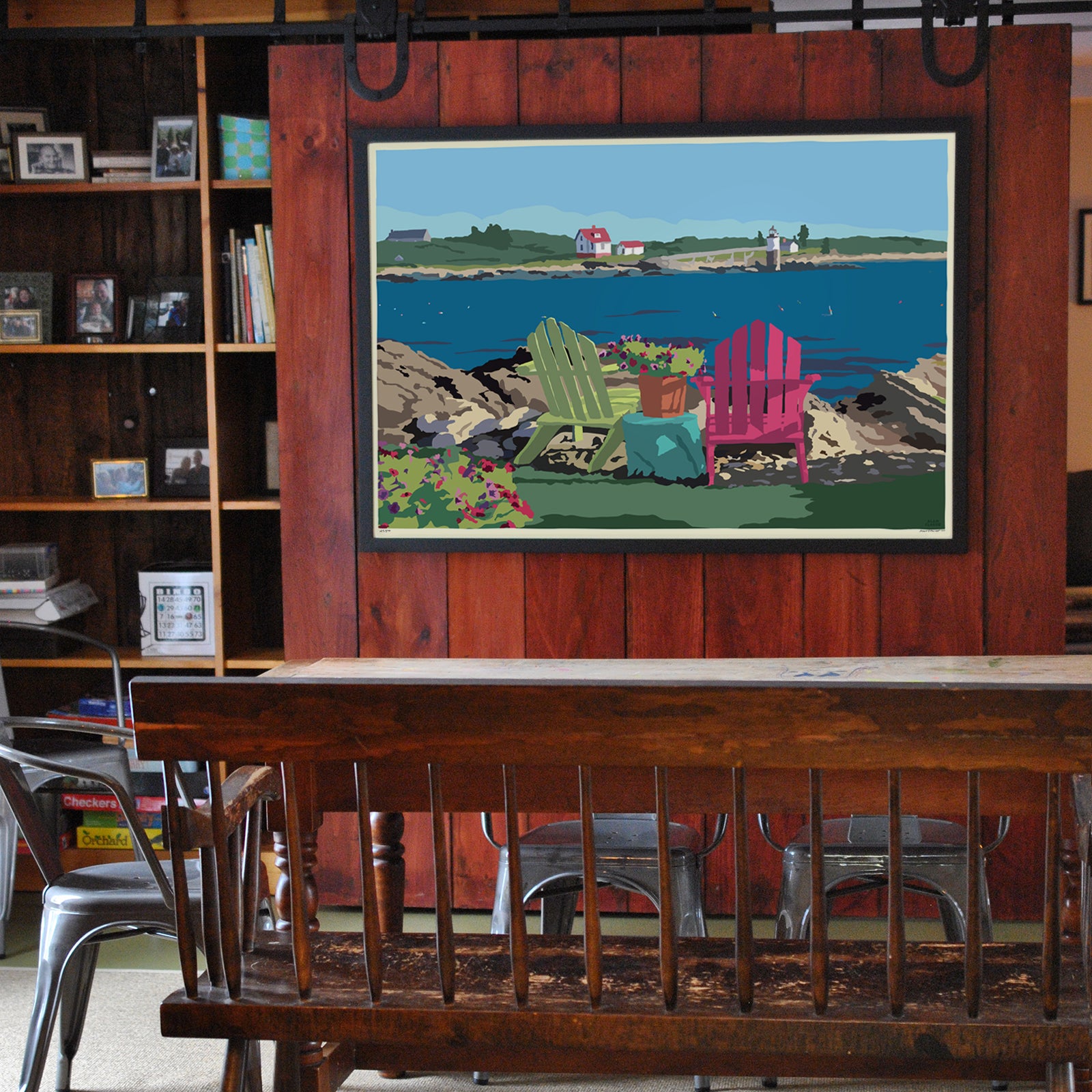Chairs Overlooking Ram Island Art Horizontal Print 36" x 53" Framed Wall Poster By Alan Claude - Maine