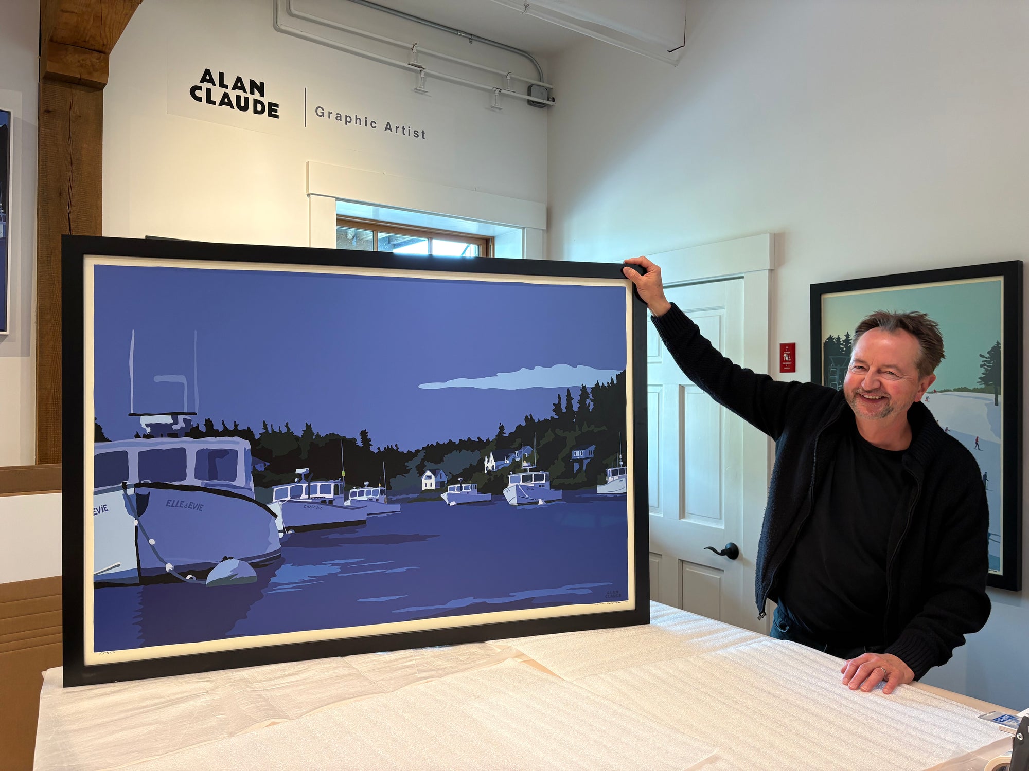 Moonlight Over Port Clyde Art Print 36" x 53" Framed Wall Poster By Alan Claude - Maine