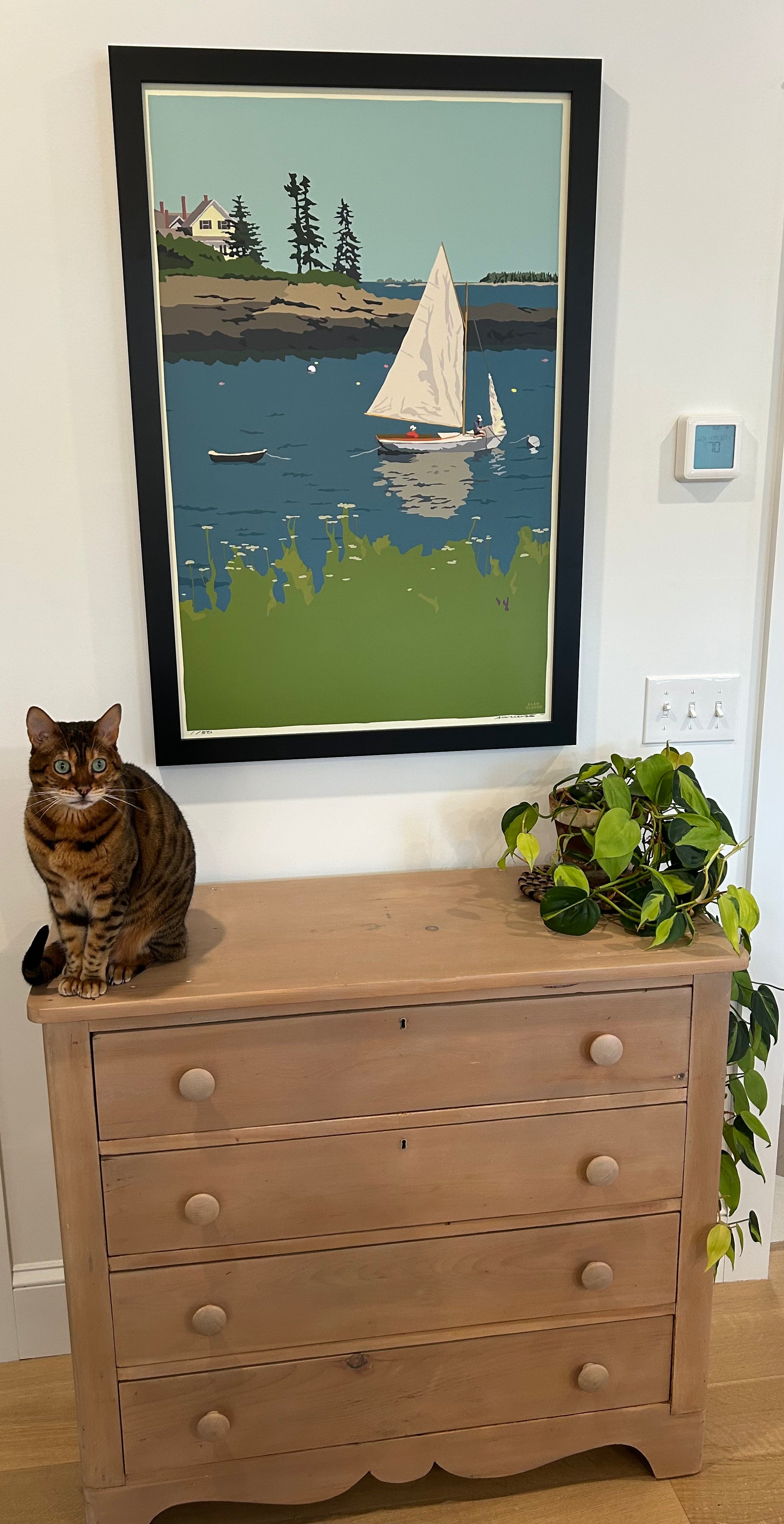 Sailing Long Cove Art Print 24" x 36" Framed Wall Poster By Alan Claude  - Maine