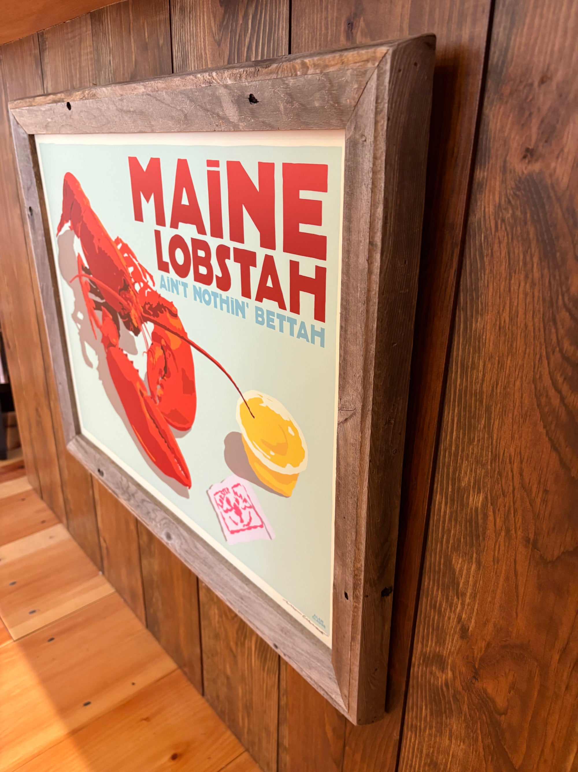 MAINE WOOD FRAMED 18" x 24" Maine Lobstah with Buttah