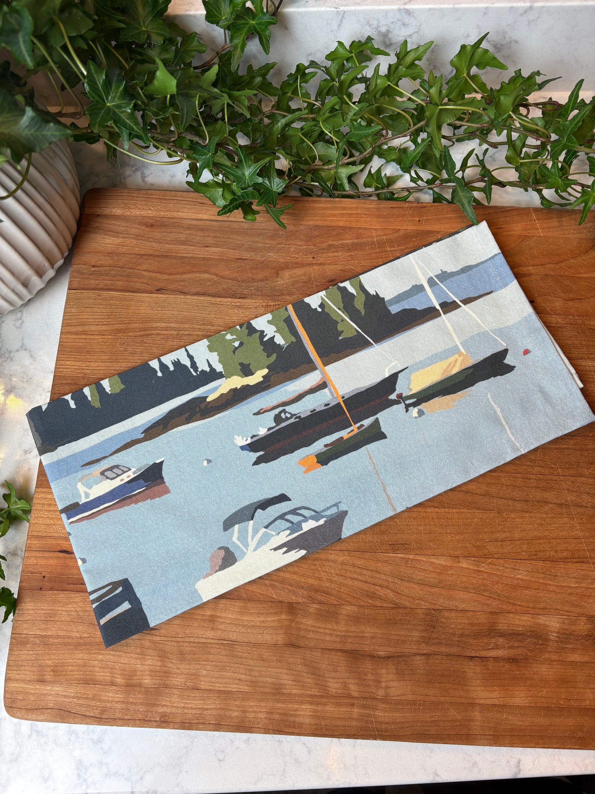 Sailboats in Boothbay Harbor Tea Towel