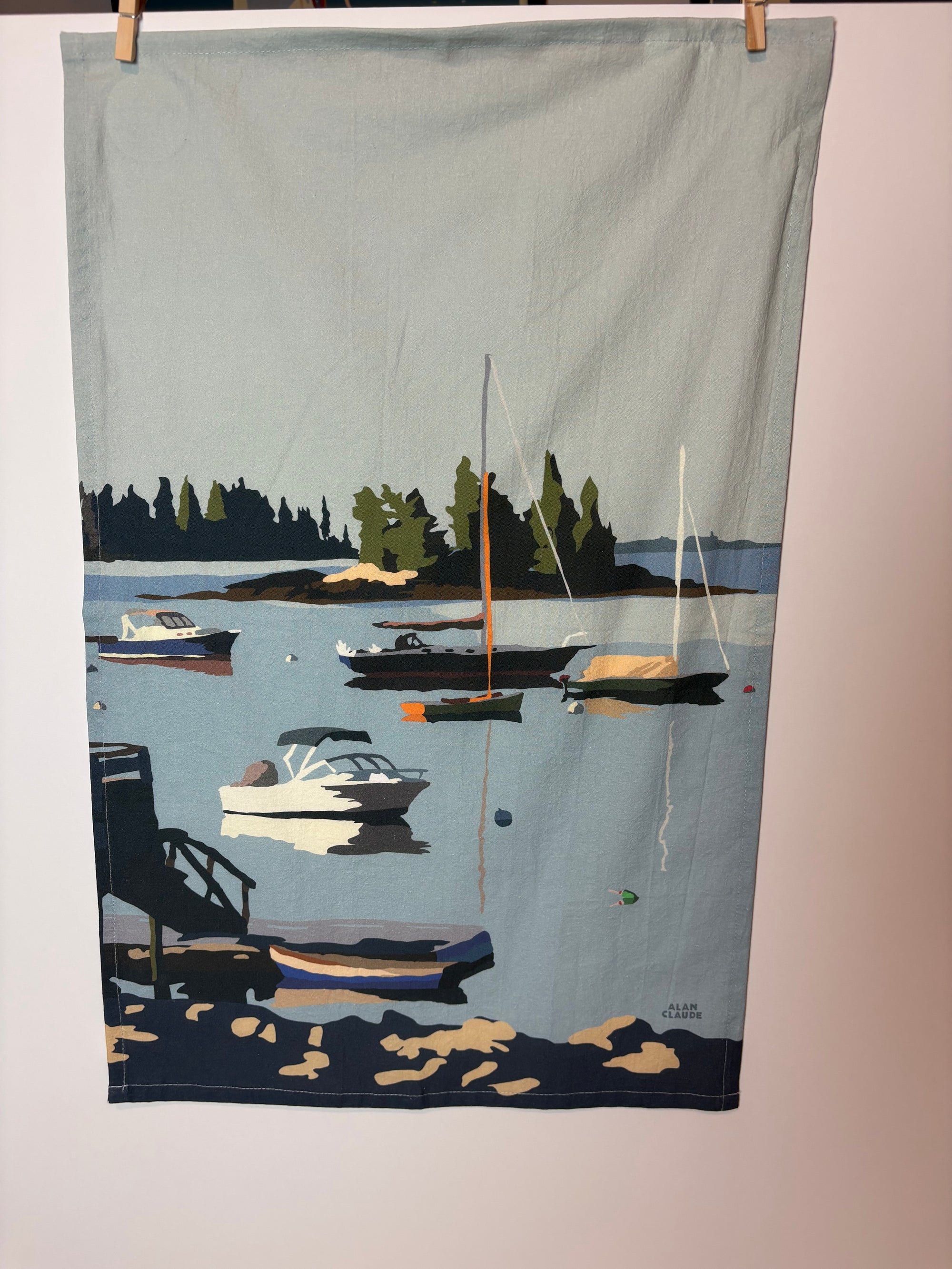 Sailboats in Boothbay Harbor Tea Towel