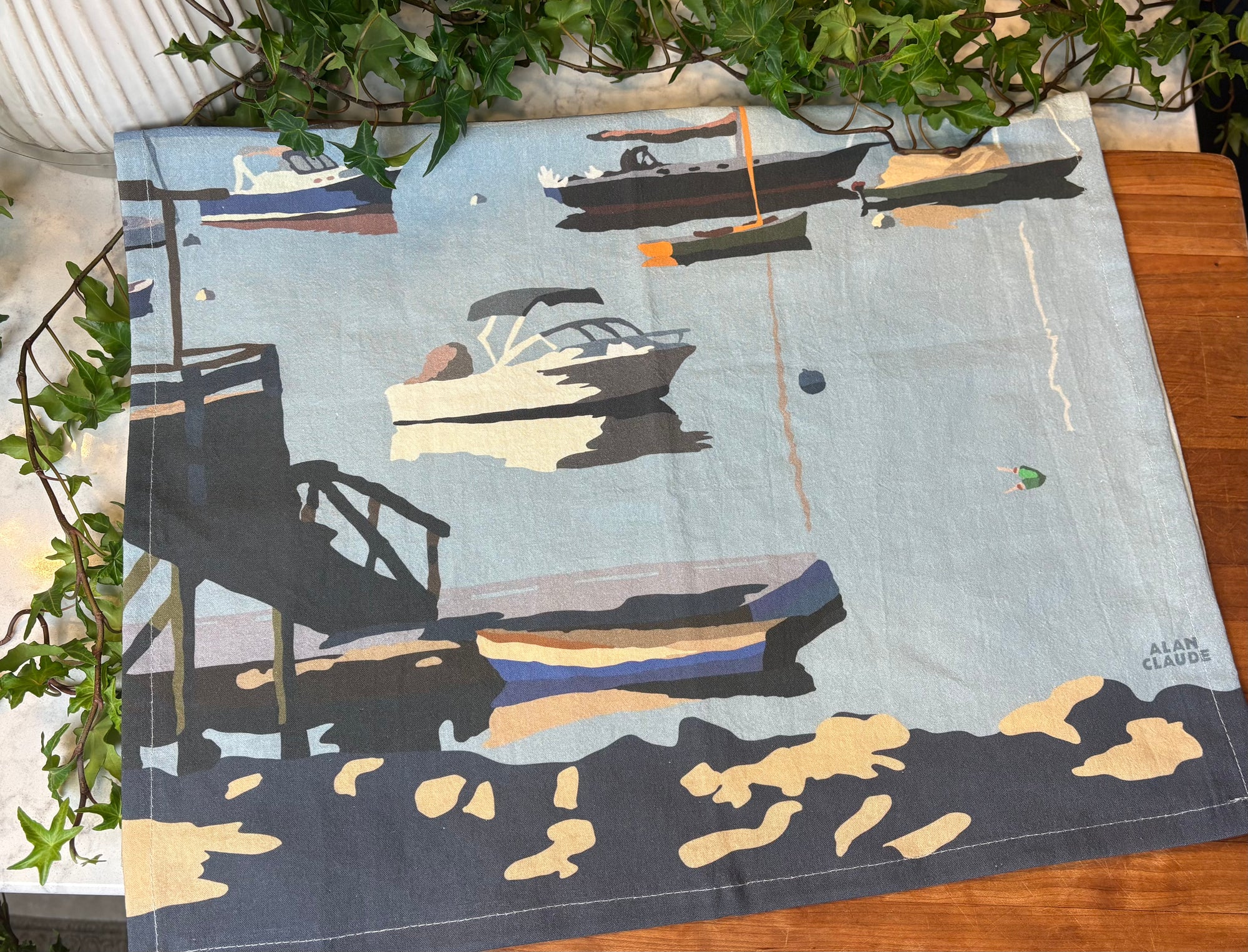 Sailboats in Boothbay Harbor Tea Towel