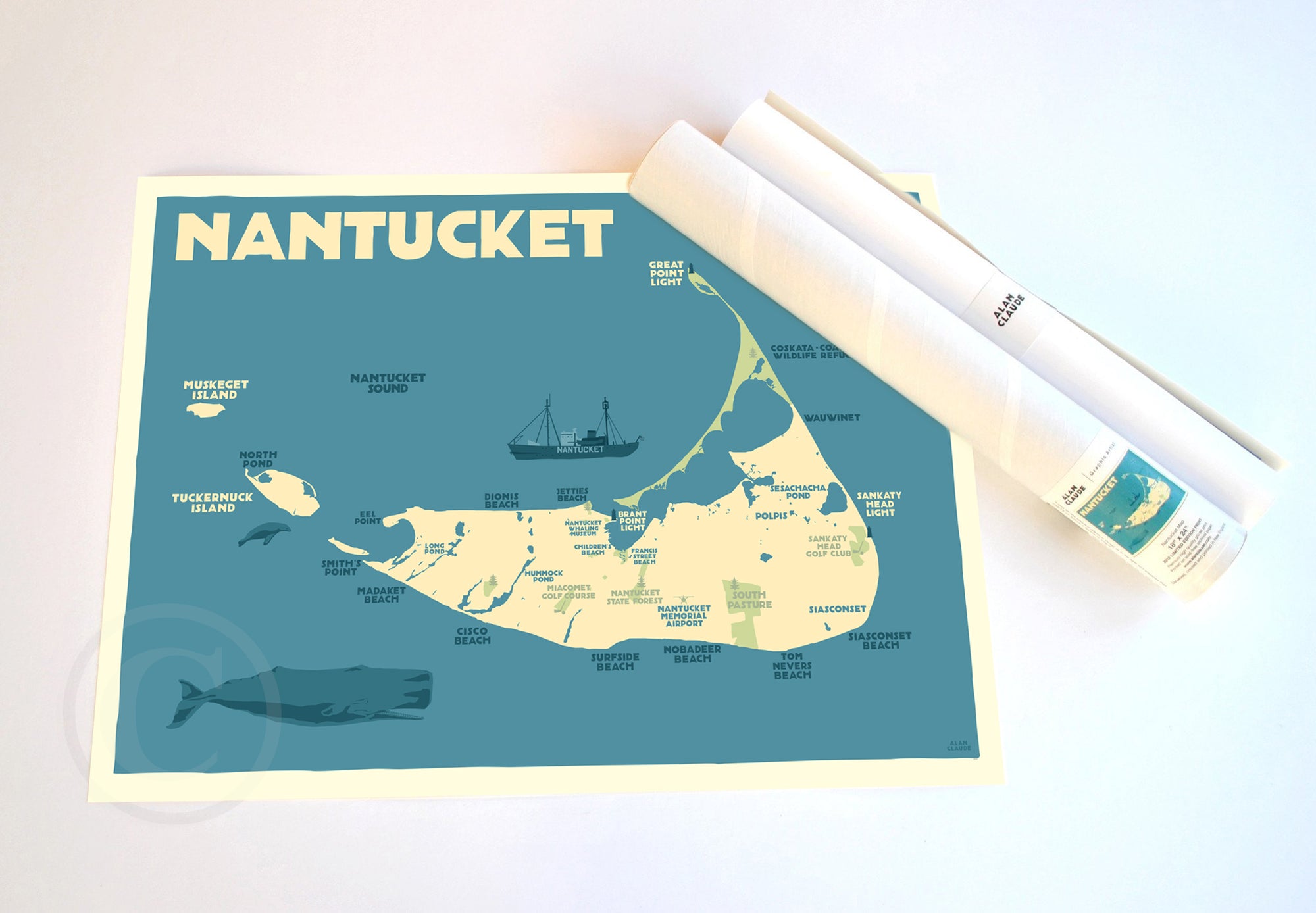 Nantucket Map Art Print 18" x 24" Travel Poster By Alan Claude - Massachusetts