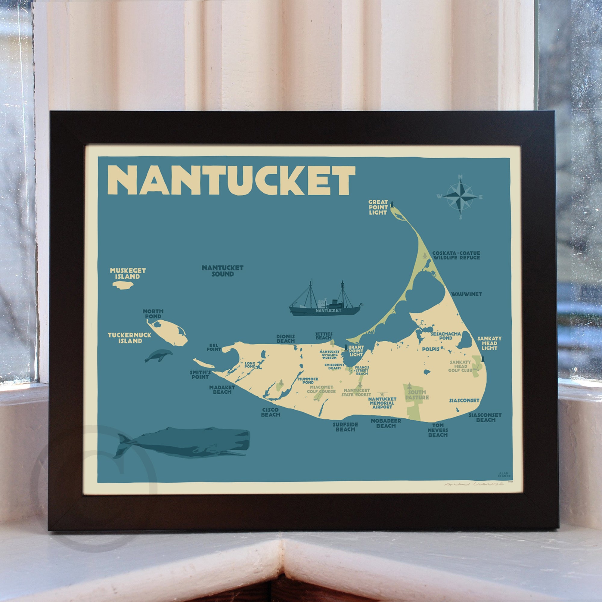 Nantucket Map Art Print 8" x 10" Horizontal Framed Travel Poster By Alan Claude - Massachusetts