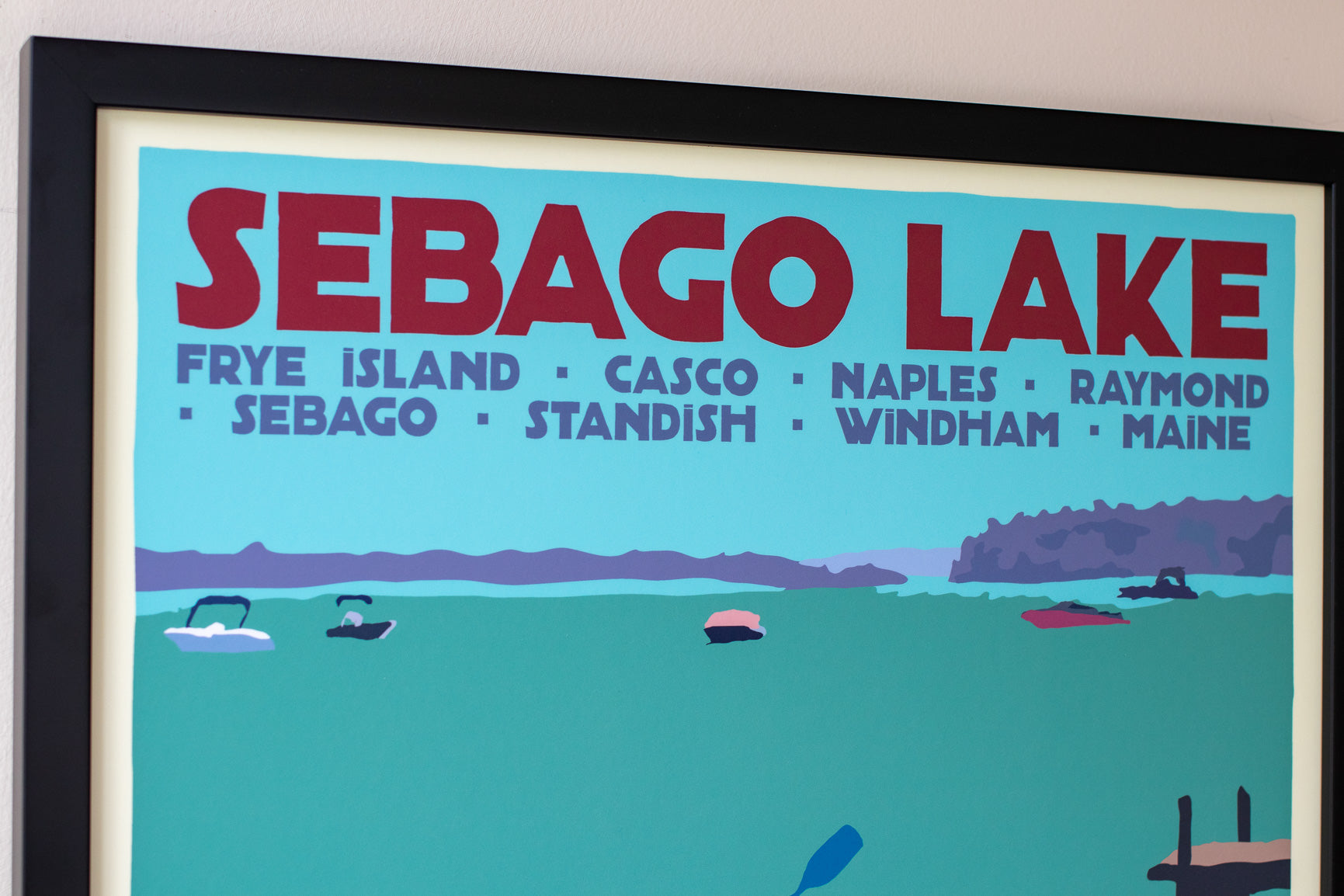 Sebago Lake kayakers Art Print 18" x 24" Framed Travel Poster By Alan Claude - Maine by Alan Claude