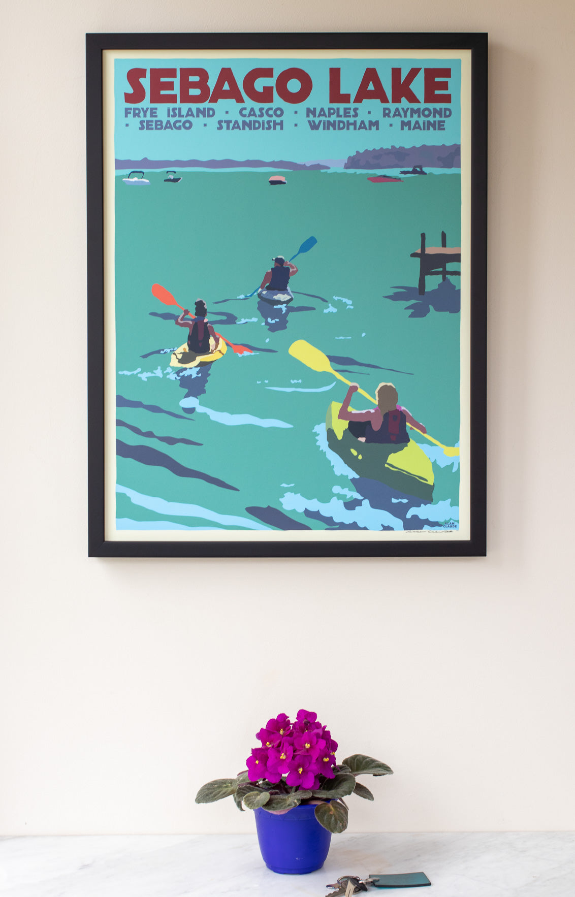 Sebago Lake kayakers Art Print 18" x 24" Framed Travel Poster By Alan Claude - Maine by Alan Claude