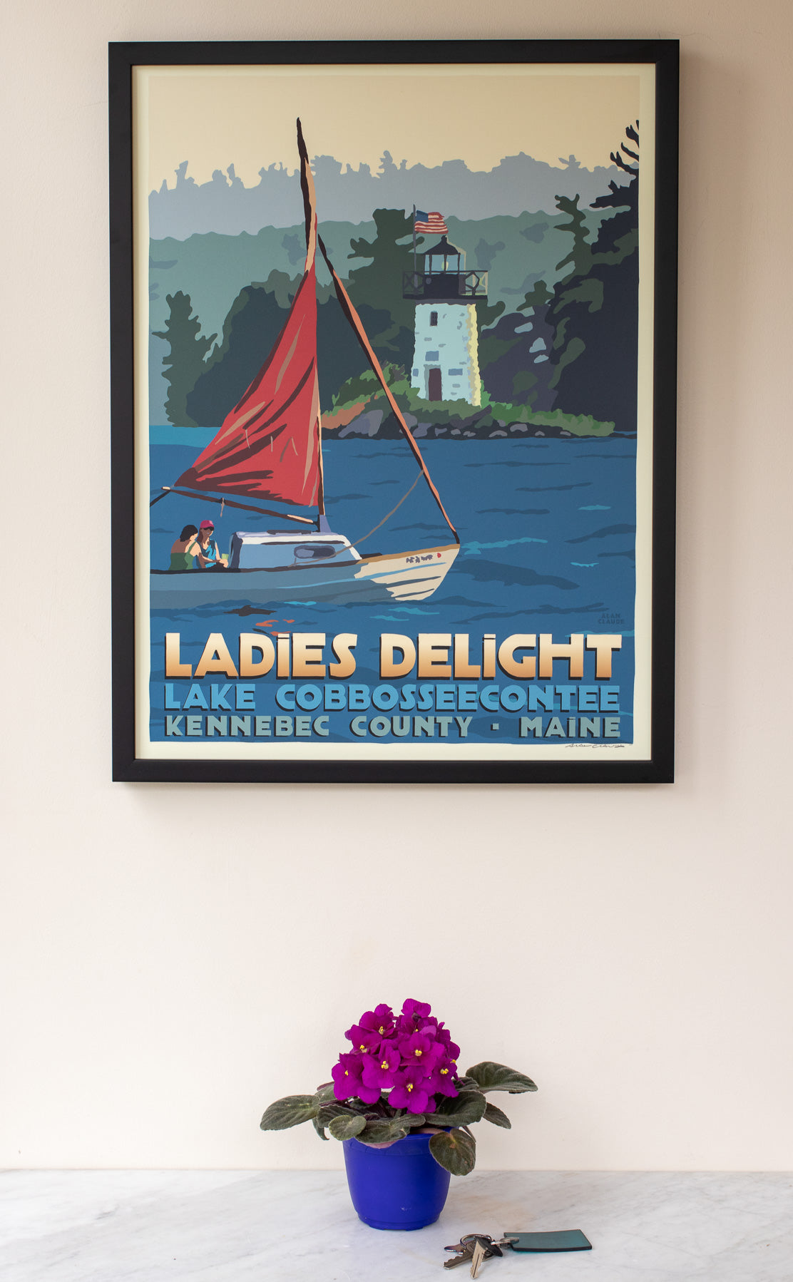 Sailing Ladies Delight Lighthouse Art Print 18" x 24" Framed Travel Poster By Alan Claude - Maine