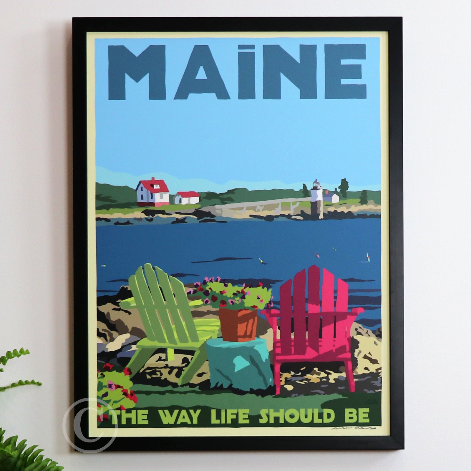 Chairs Overlooking Ram Island Light Art Print 18" x 24" Framed Travel Poster By Alan Claude - Maine