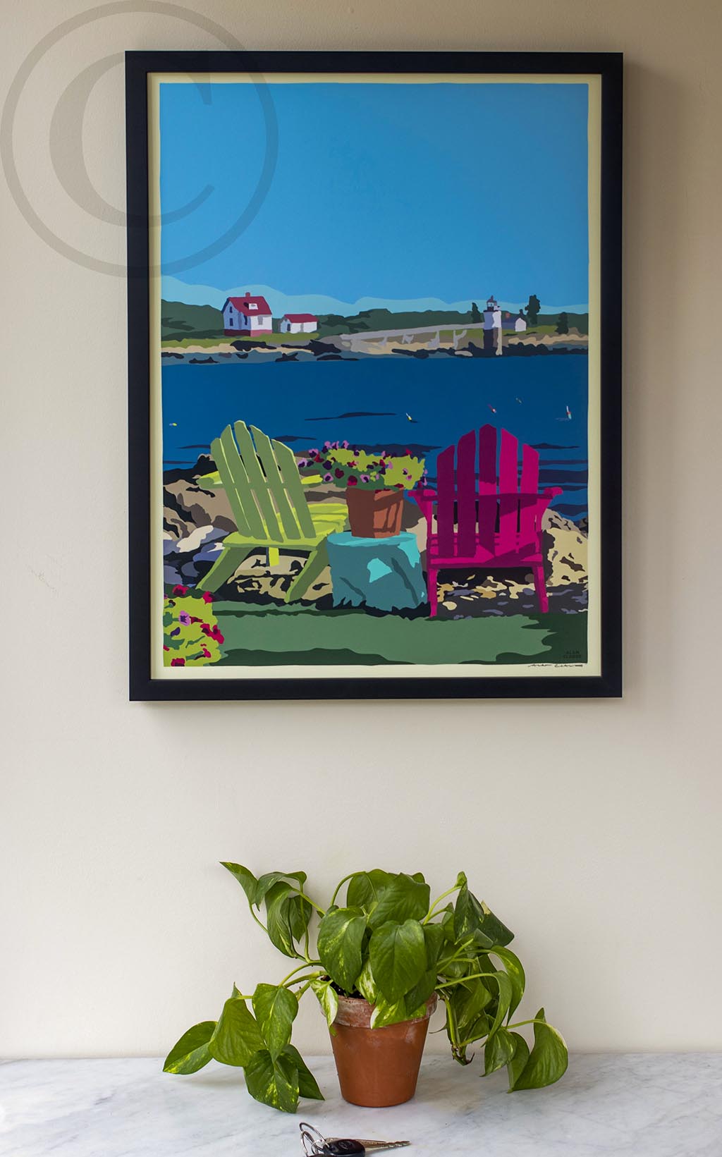 Chairs Overlooking Ram Island Art Print 18" x 24" Framed Wall Poster By Alan Claude - Maine
