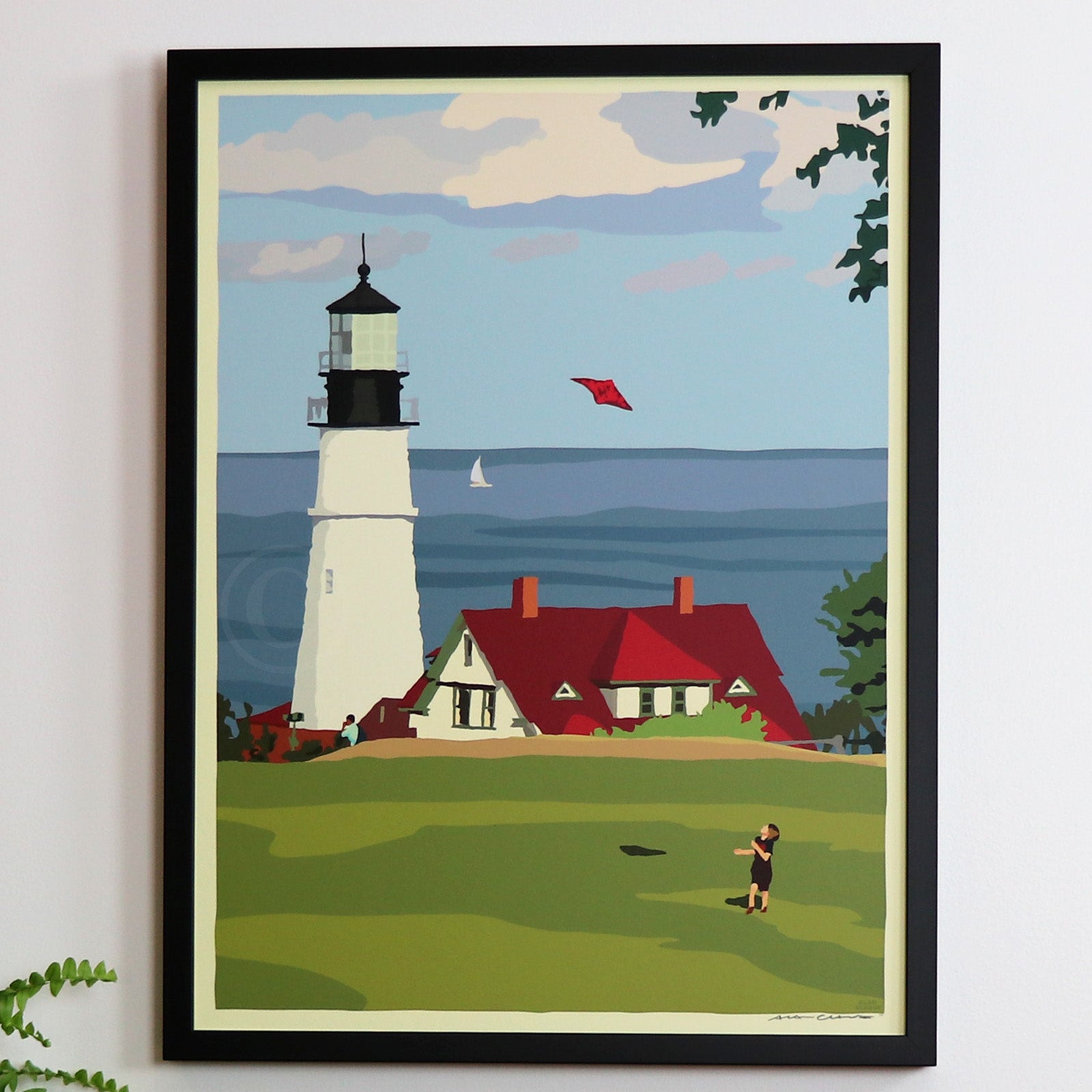 Fly Kite Fly at Portland Head Light Art Print 18" x 24" Framed Wall Poster By Alan Claude - Maine