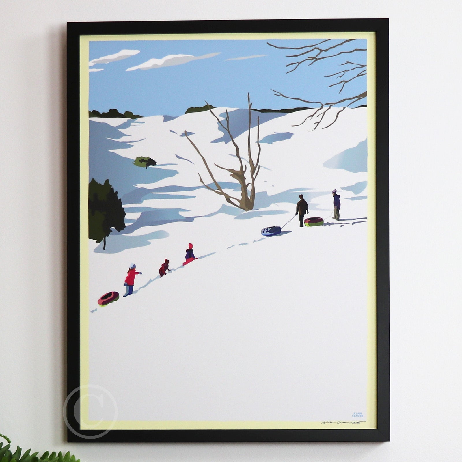 Snow Kids Art Print 18" x 24" Framed Wall Poster By Alan Claude - Maine