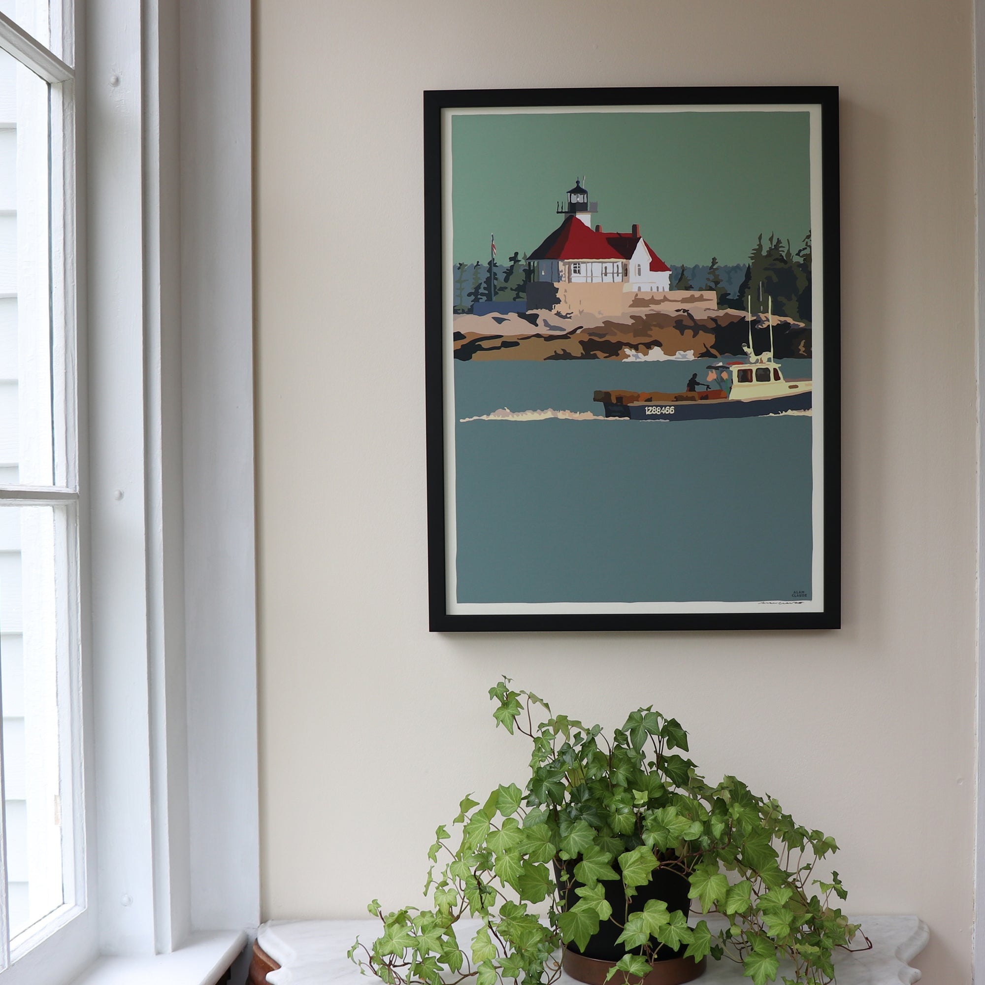 Lobstering at the Cuckolds Light Art Print 18" x 24" Framed Wall Poster By Alan Claude - Maine
