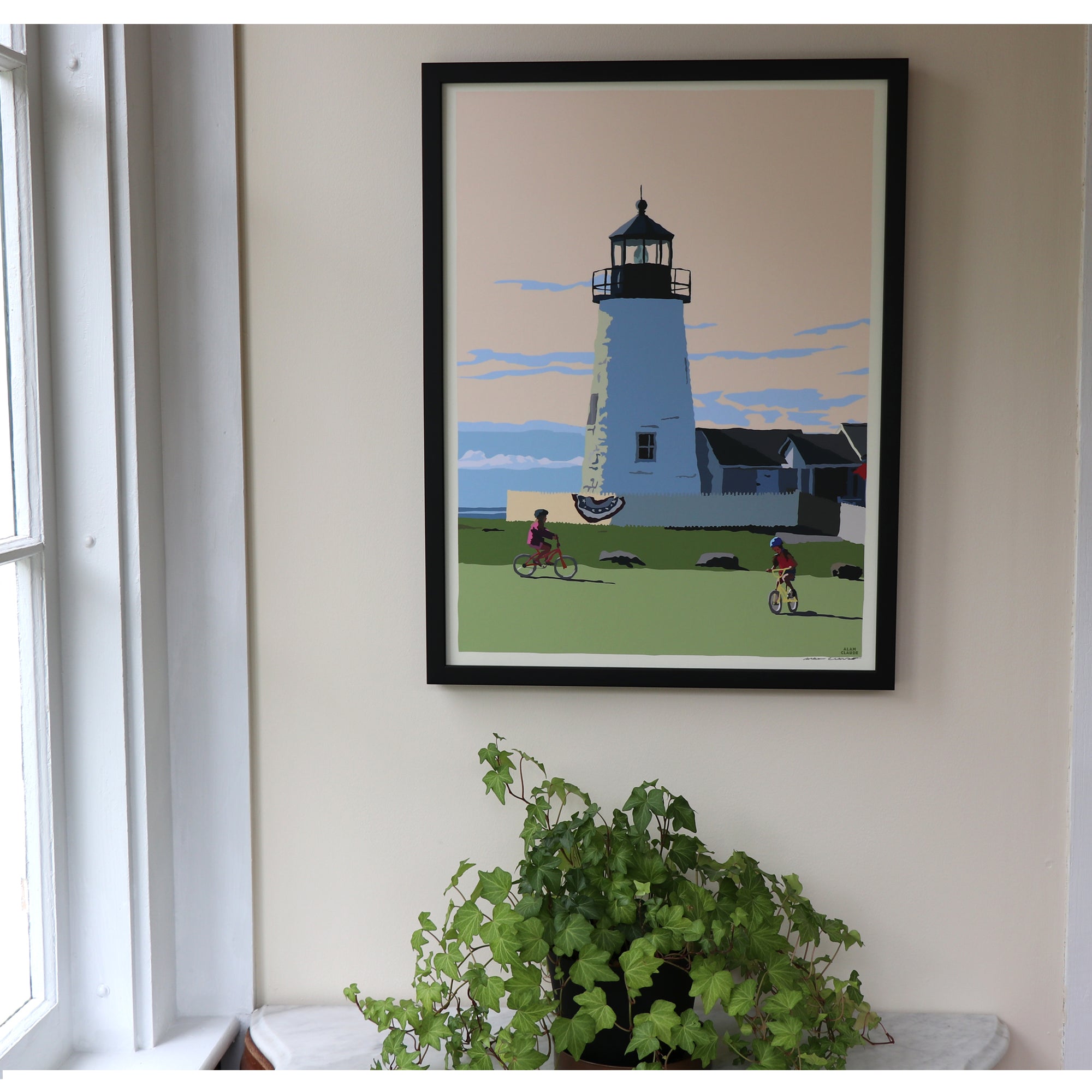Pemaquid Bicycle Girls Art Print 18" x 24" Framed Wall Poster By Alan Claude - Maine