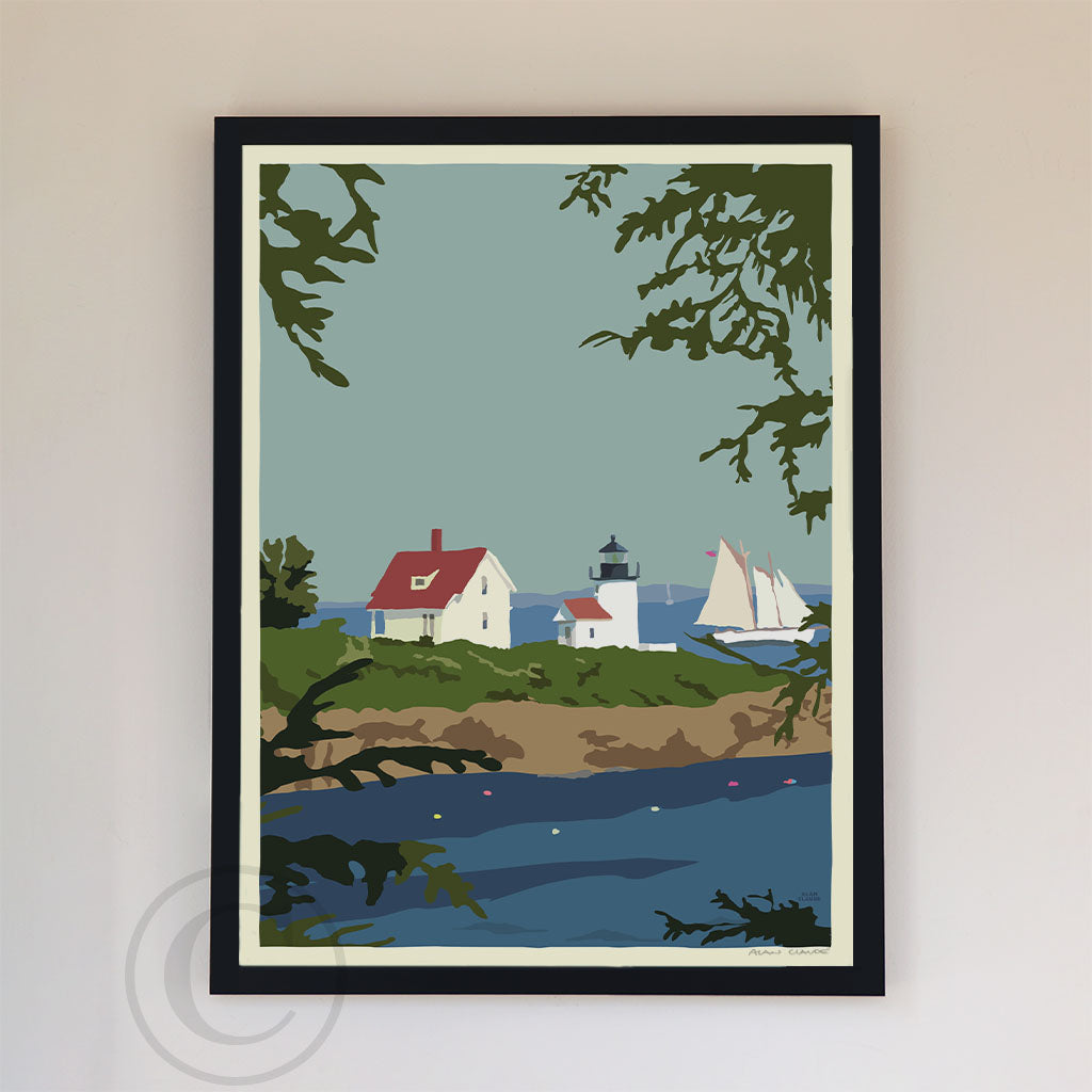 Camden Lighthouse Art Print 18" x 24" Framed Wall Poster By Alan Claude - Maine