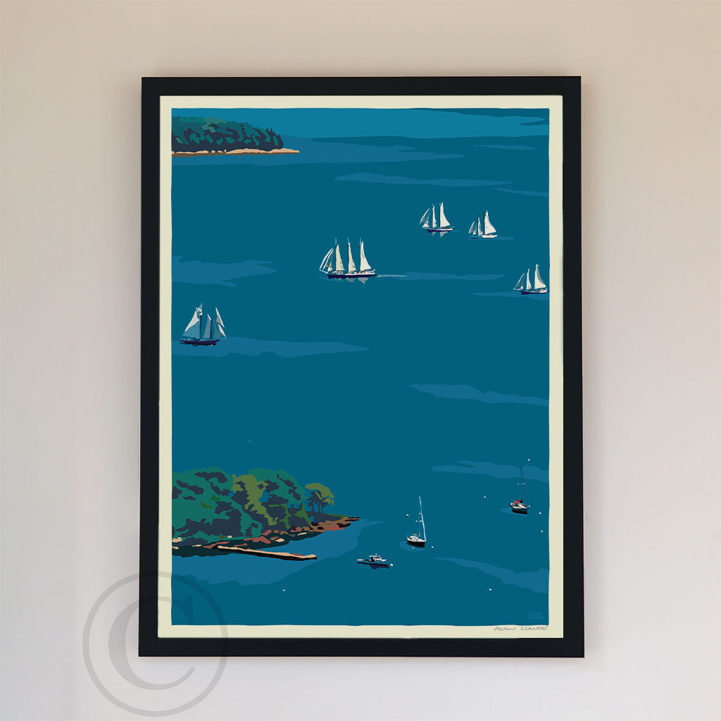 Schooners in Camden Harbor Art Print 18" x 24" Framed Wall Poster By Alan Claude - Maine