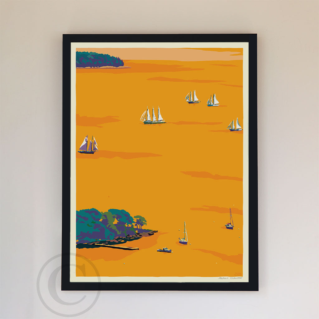 Sunset Schooners in Camden Harbor Art Print 18" x 24" Framed Wall Poster By Alan Claude - Maine