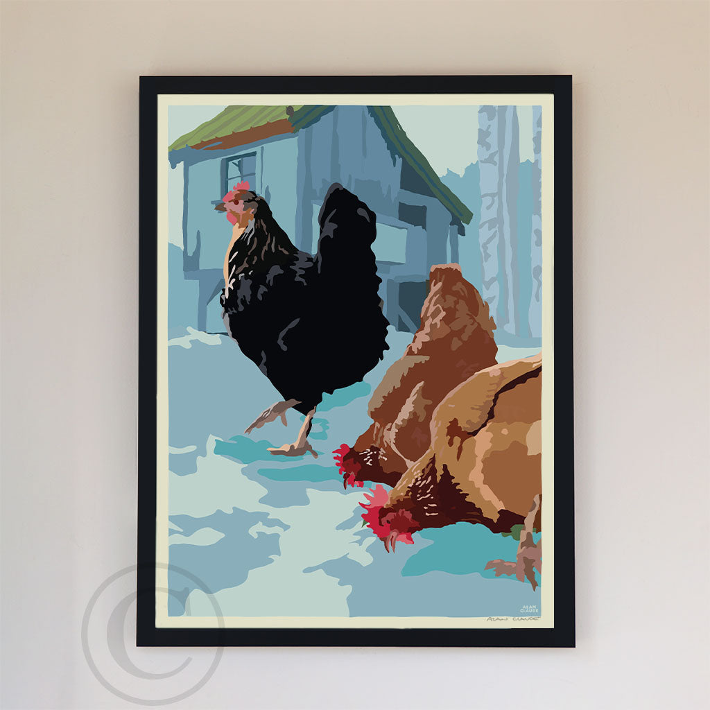Winter Chickens Art Print 18" x 24" Framed Wall Poster By Alan Claude - Maine