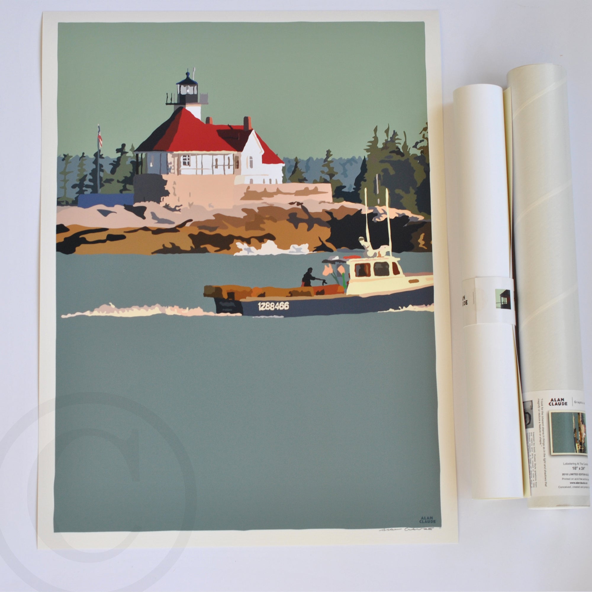 Lobstering at the Cuckolds Light Art Print 18" x 24" Wall Poster By Alan Claude - Maine