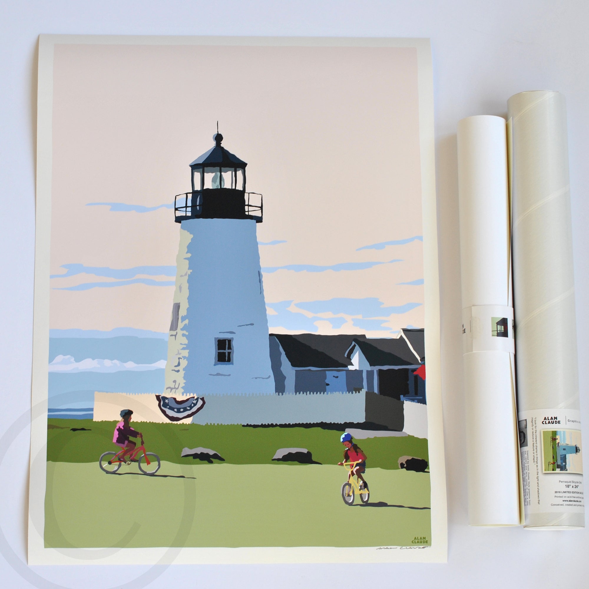 Pemaquid Bicycle Girls Art Print 18" x 24" Wall Poster By Alan Claude - Maine
