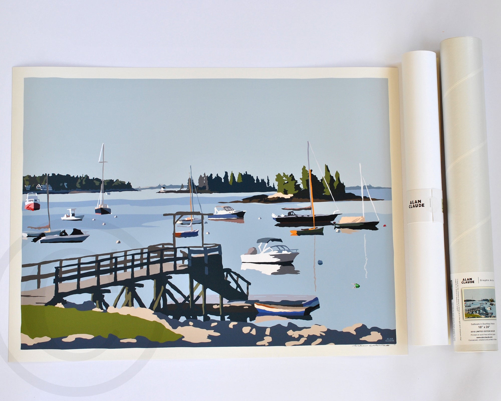 Sailboats in Boothbay Harbor Art Print 18" x 24" Wall Poster By Alan Claude - Maine