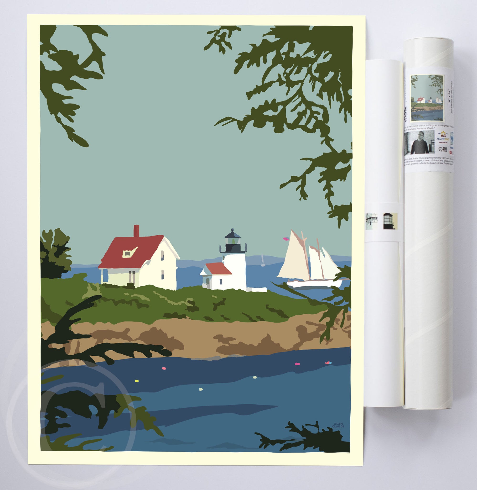 Camden Lighthouse Art Print 18" x 24" Wall Poster By Alan Claude - Maine