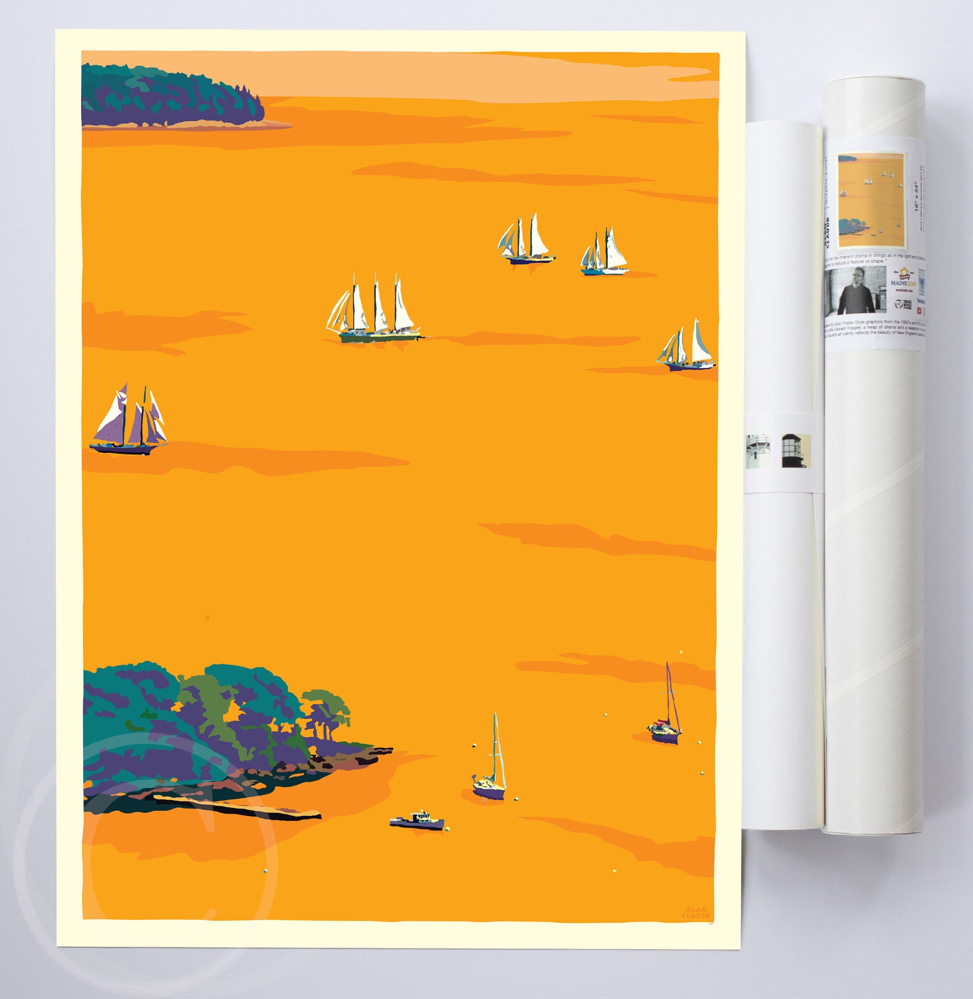 Sunset Schooners in Camden Harbor Art Print 18" x 24" Wall Poster By Alan Claude - Maine