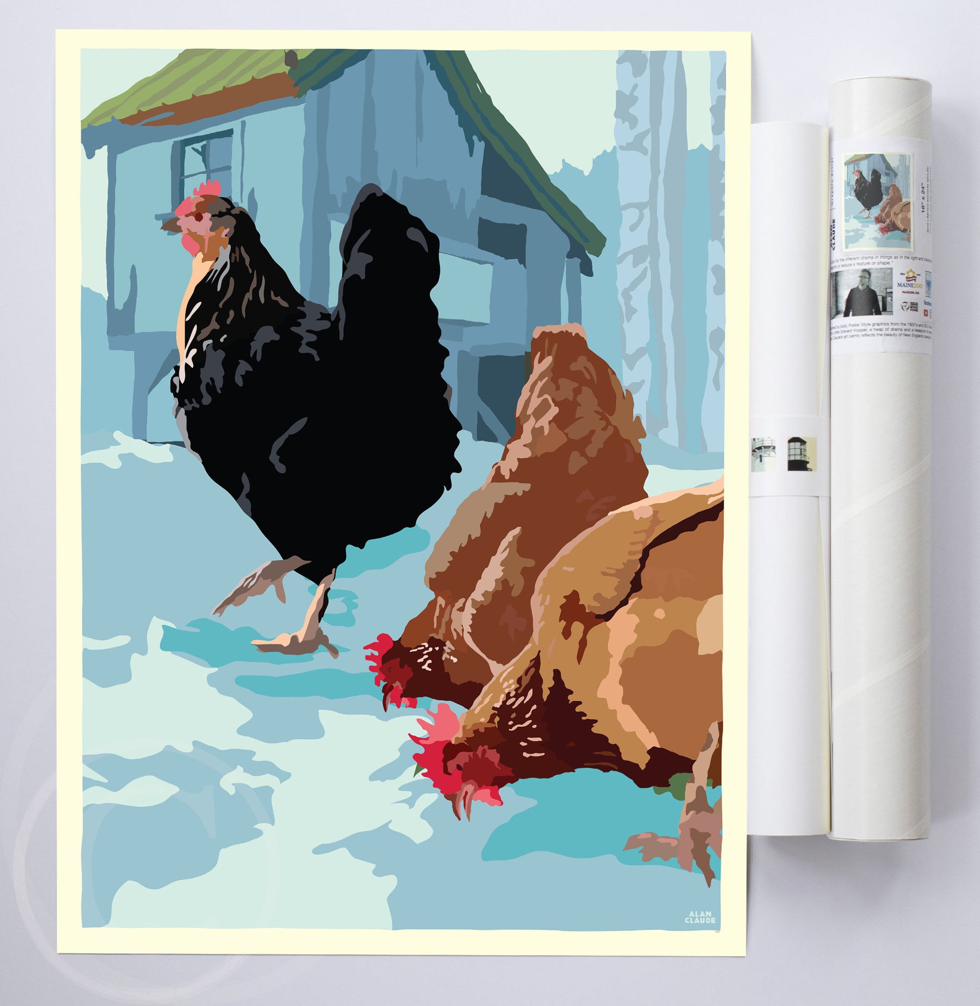 Winter Chickens Art Print 18" x 24" Wall Poster By Alan Claude - Maine