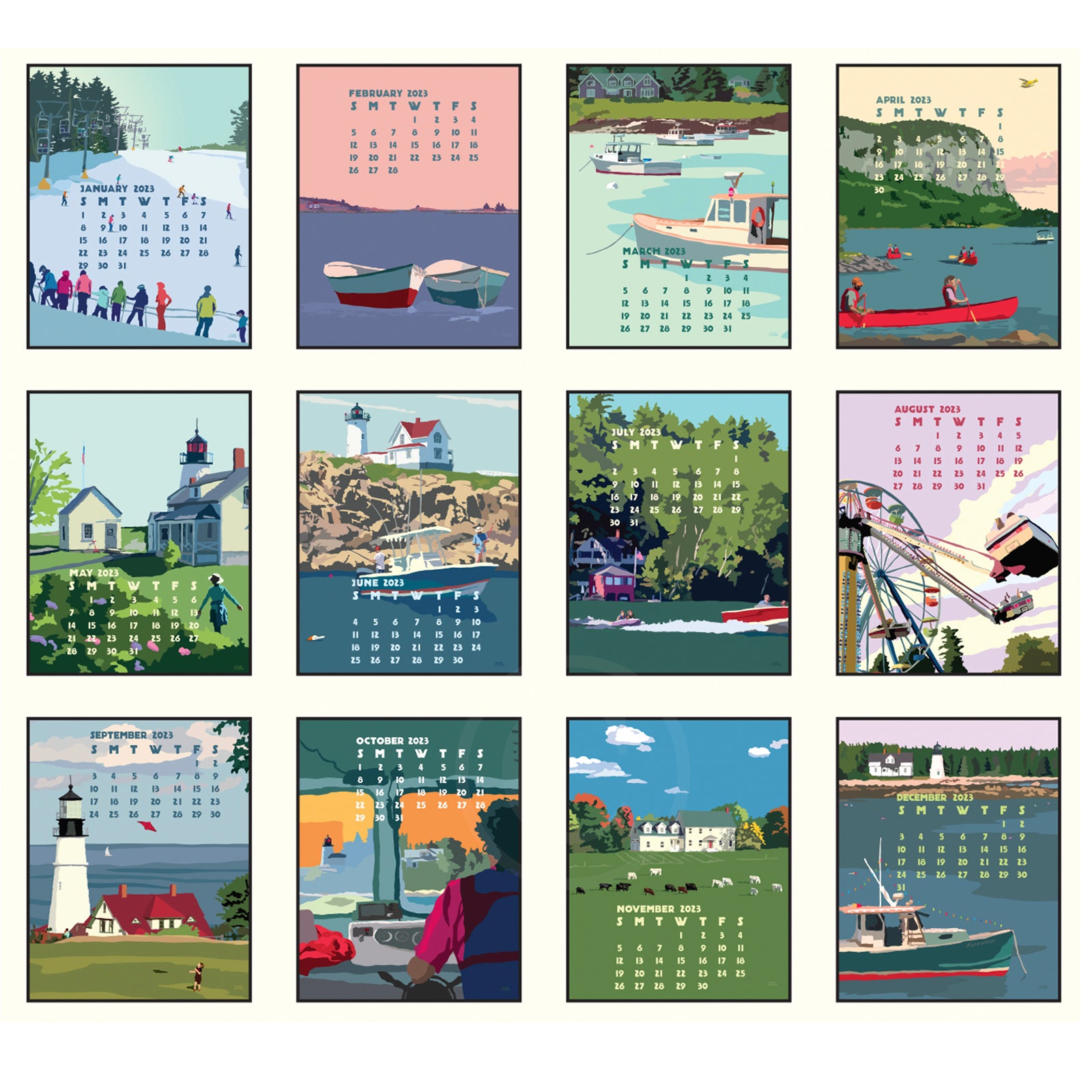 2023 DESK Art Calendar 5x7 Retro Vintage Art Style by Maine Artist Alan Claude
