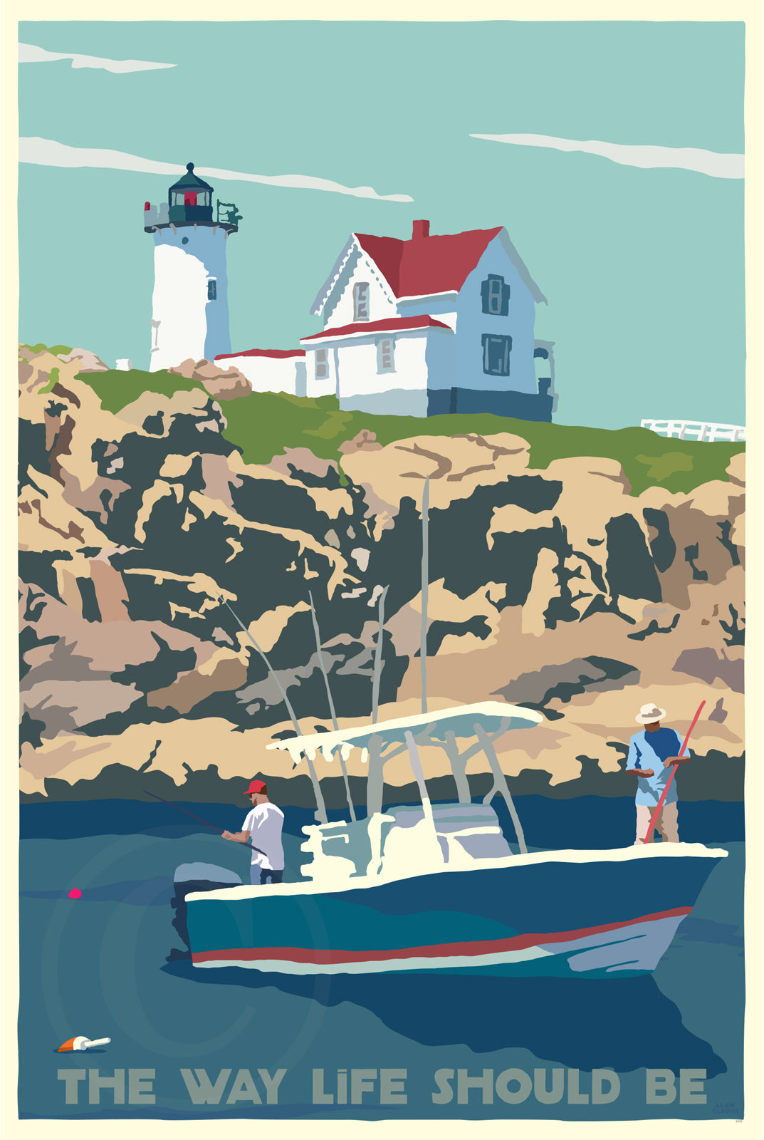 Fishing At The Nubble Art Print 24" x 36" Travel Poster By Alan Claude - Maine