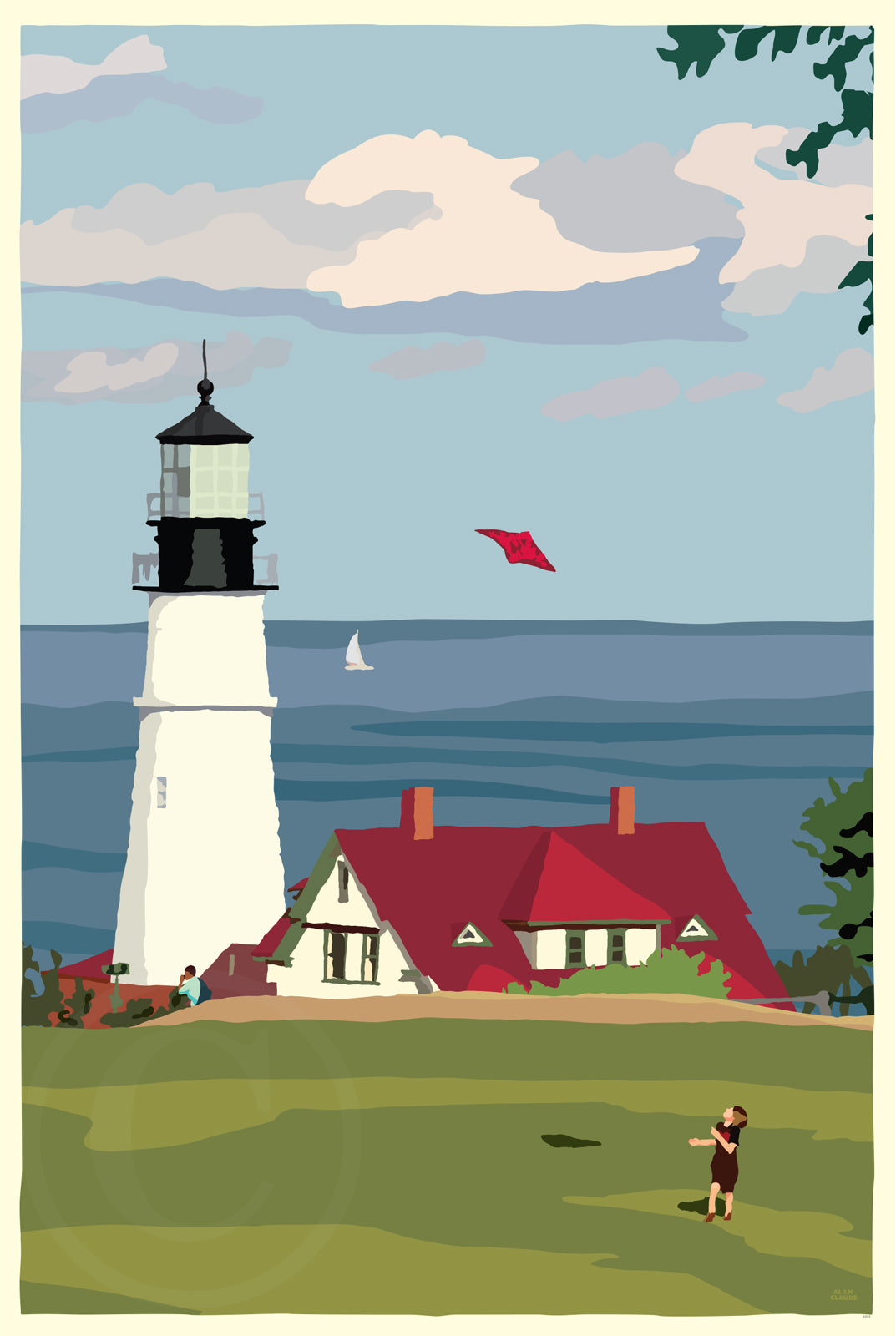 Fly Kite Fly At Portland Head Light Art Print 24" x 36" Travel Poster By Alan Claude - Maine